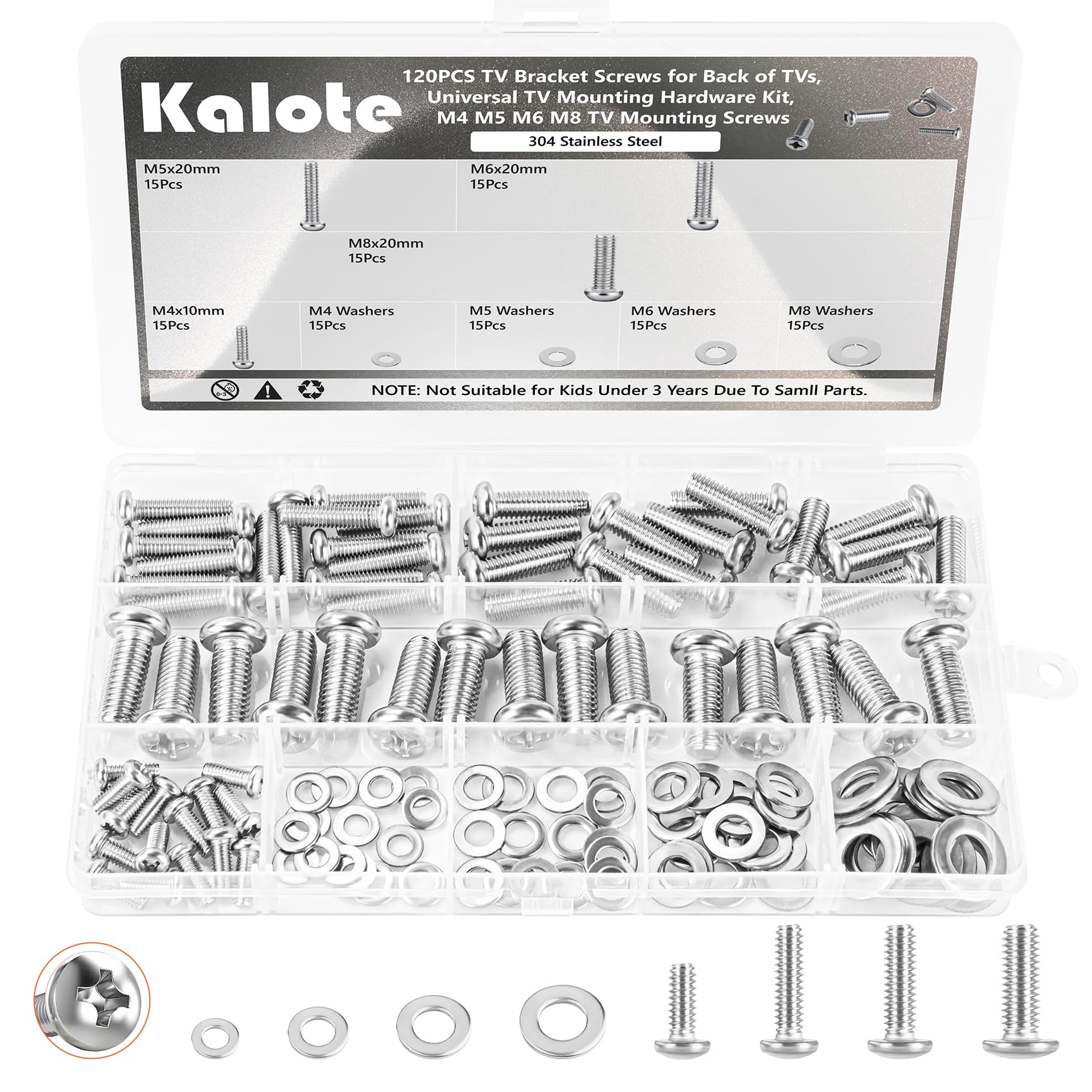 Kalote 120 Pcs 304 Stainless TV Mount Screws, M4 M5 M6 M8 Bolt Washer Kit