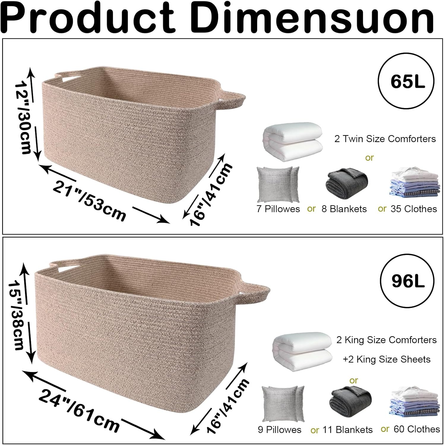 96L Large Blanket Basket,24"x16"x15"Rectangle Storage Bin with Handles,Woven Rope Laundry Basket for Toys, Clothes,Magazines,Home Organization,Nursery,Living Room & Bedroom,Brown