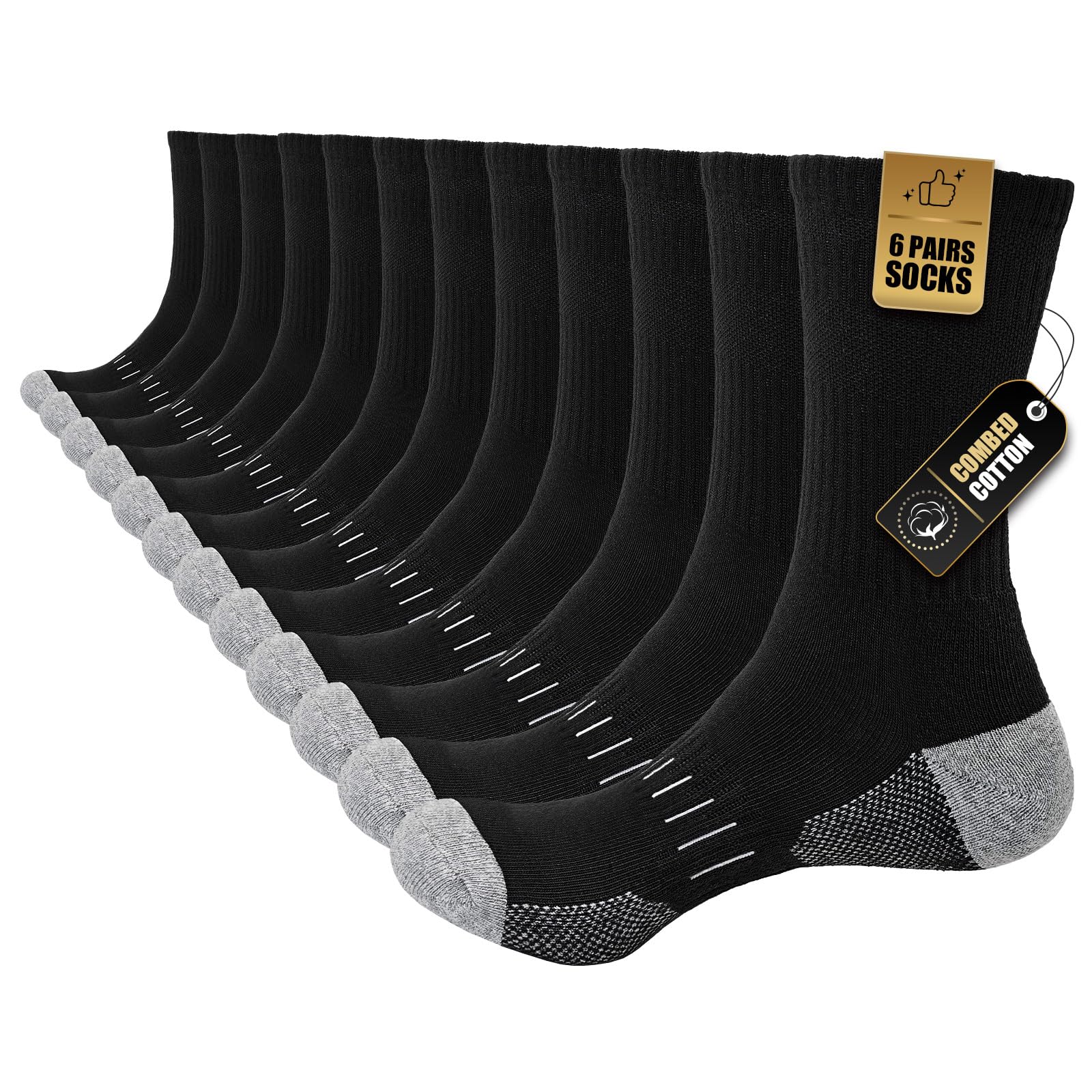 Stoeury Socken Herren 6 Paar, Gepolsterte Sportsocken mit Frottee-Sohle, Baumwolle Wandersocken Herren, Atmungsaktiv Crew Arbeitssocken, Tennissocken, Laufsocken, Trekkingsocken, Schwarz, 43-46