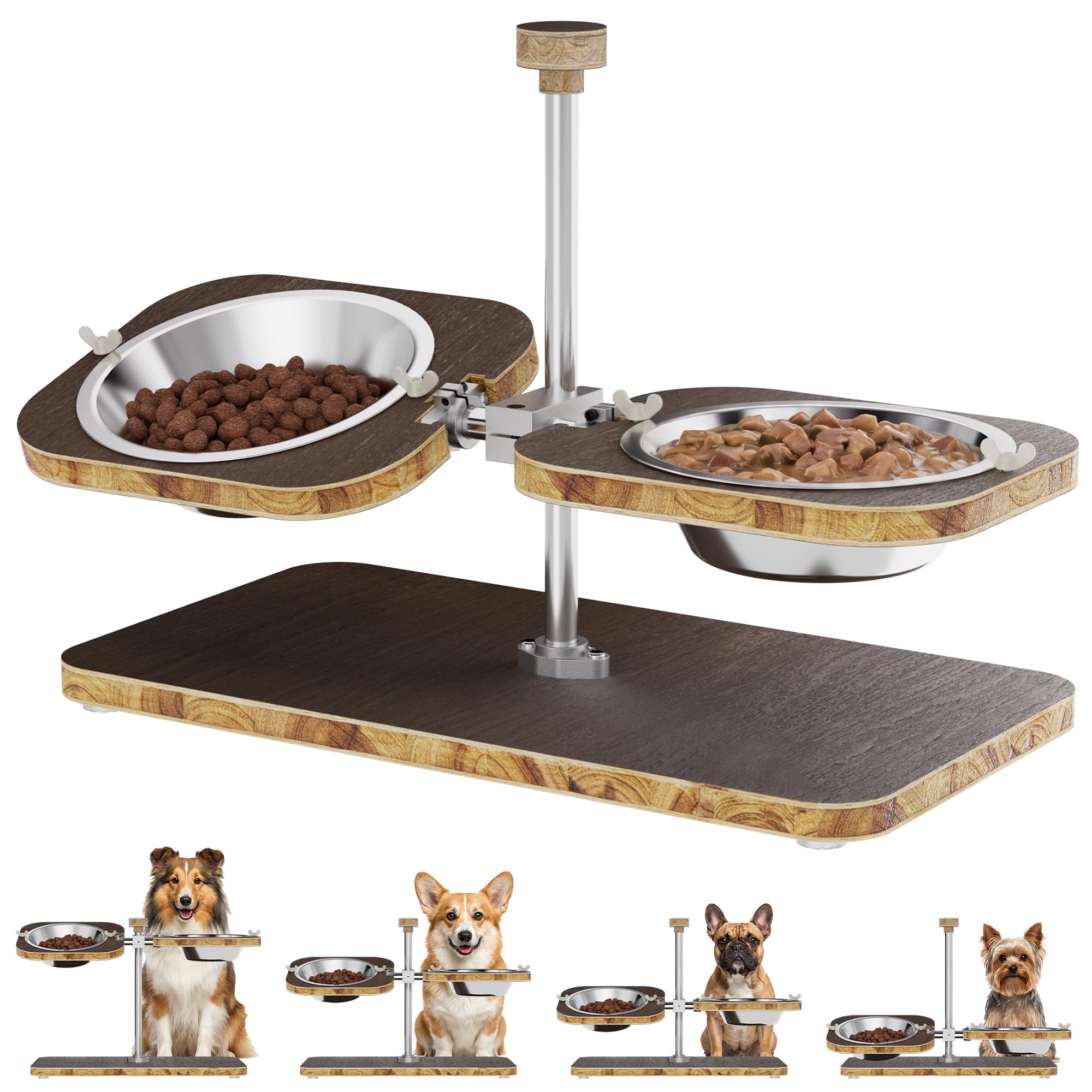 kittyspout Comedero Elevado para Perros con Altura e inclinación Ajustables | Soporte de madera FSC clase E0, 2 cuencos de acero inoxidable aptos para lavavajillas, base antideslizante