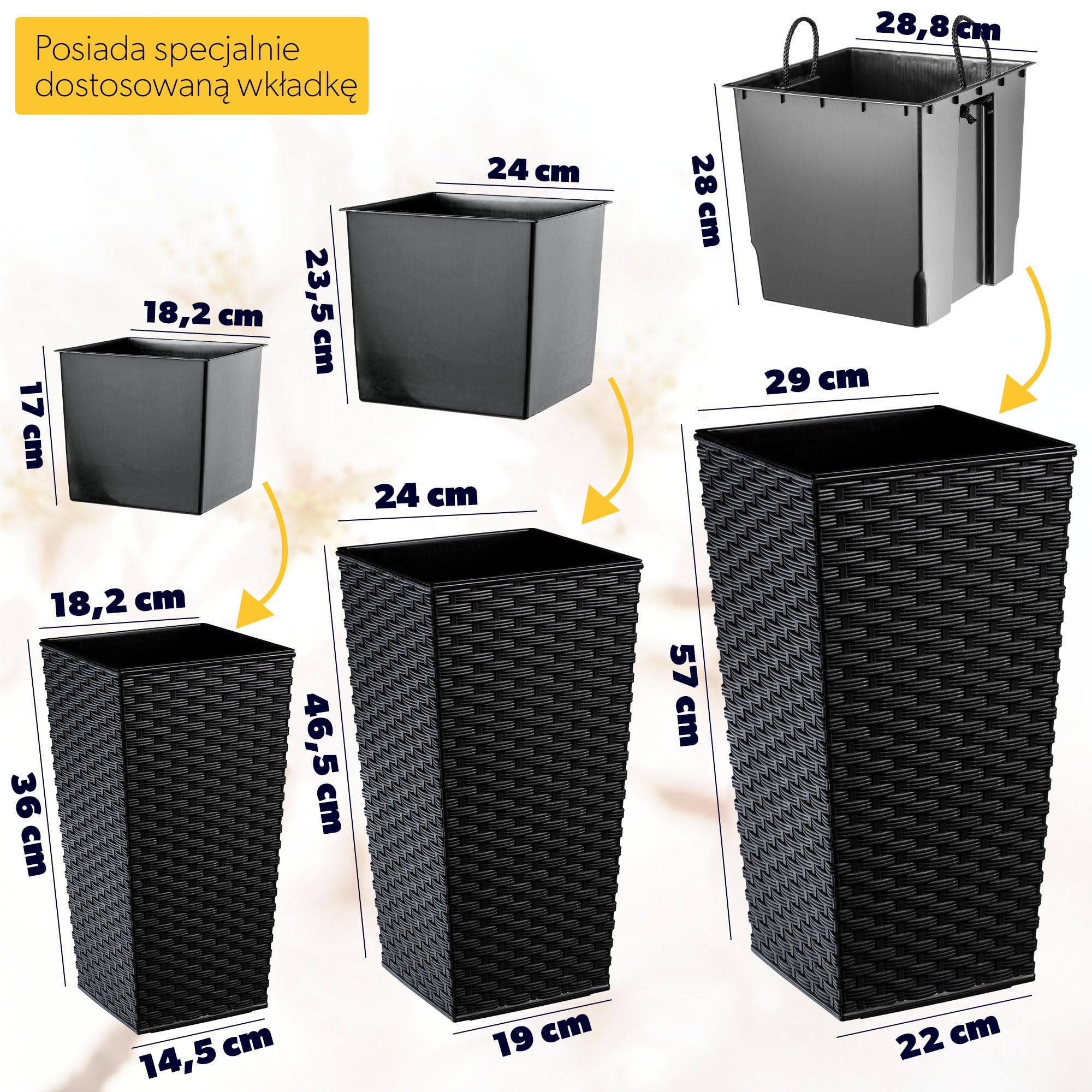 KADAX Zestaw 3 Donic z Wkładem wys. 36/46,5/57,5 cm, ok. 43L łącznie, Czarny rattan Rattan odporne na warunki atmosferyczne do Wewnątrz i na Zewnątrz