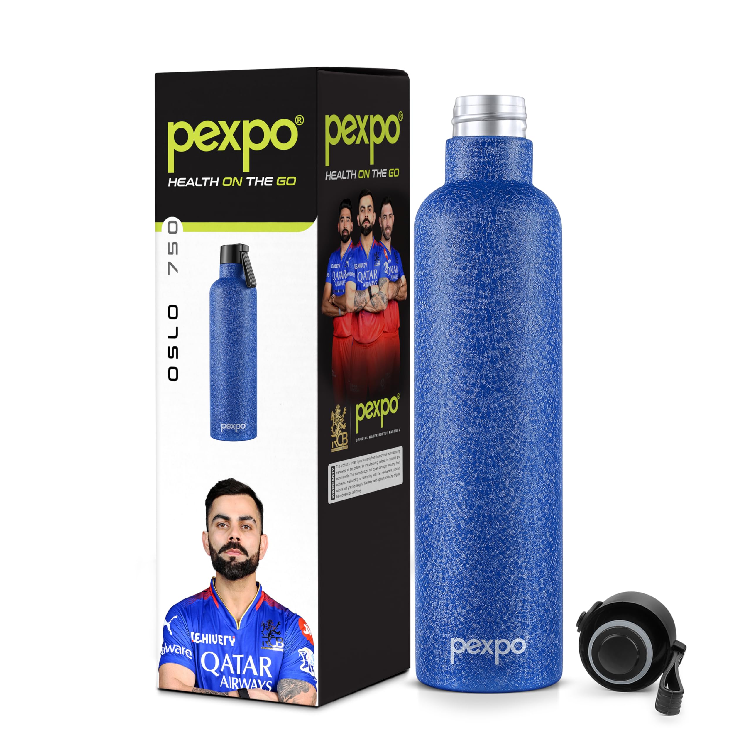 Pexpo Oslo Pro Hot & Cold Stainless Steel Water Bottle |Thermosteel Flask|Vacuum Insulated |ISI Certified |750ml, Blue| Gift for Girls & Boys|Office | Home | Gym | Adults| Limited RCB Edition (B0CC9NY641) Amazon Price History, Amazon Price Tracker