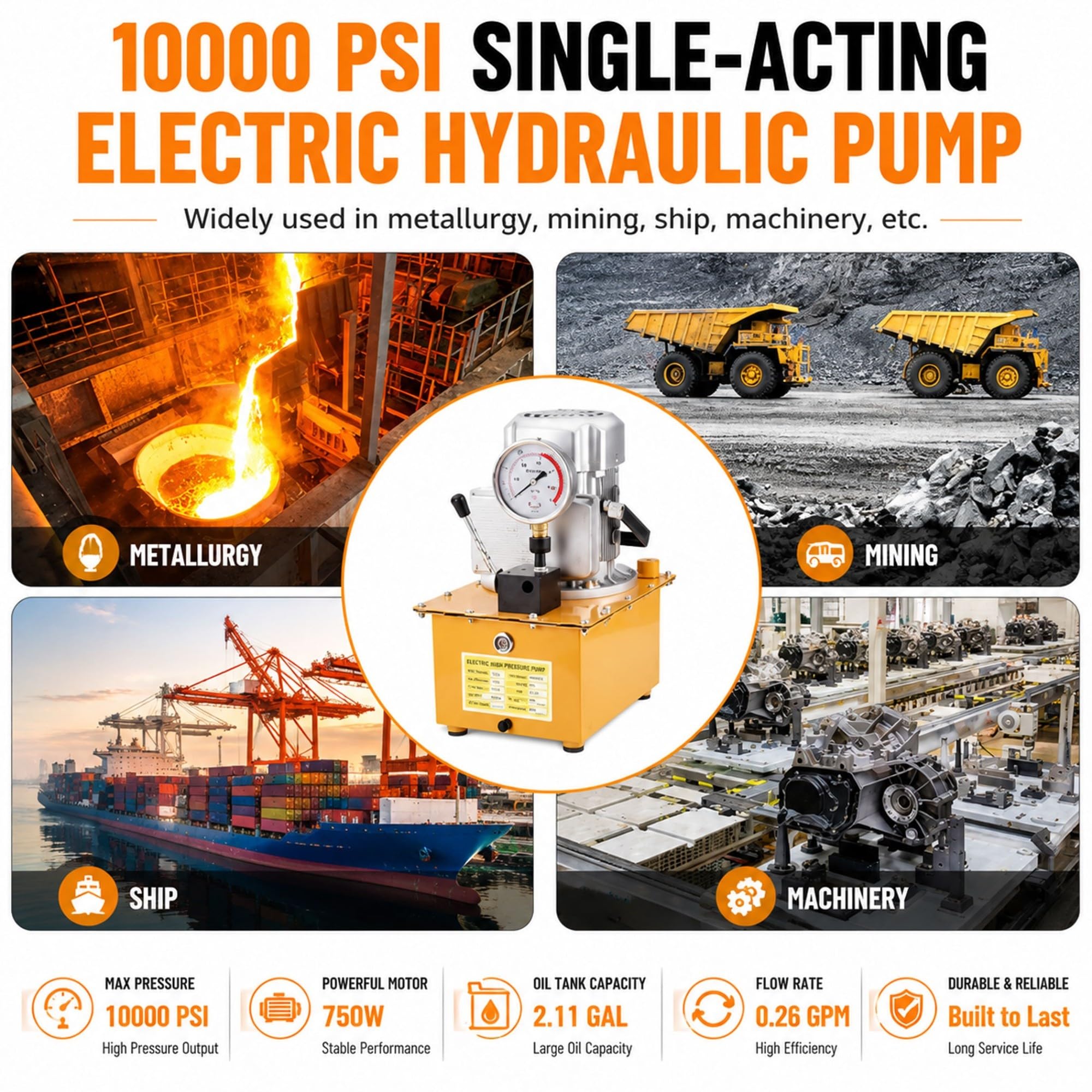 Pompa idraulica a semplice effetto da 10000 PSI, serbatoio da 2,1 galloni