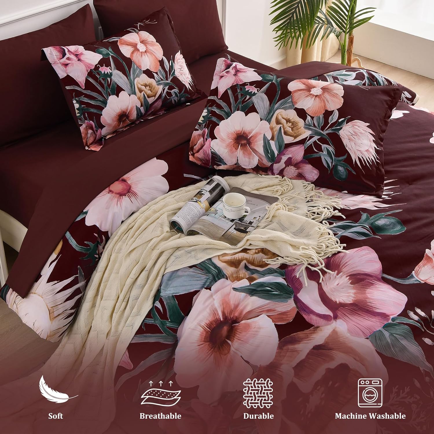 Luxudecor Burgundy Floral Comforter Set Queen Size 7 Piece, Flower Bed in a Bag, Elegant Floral Comforter with Sheet Set, Soft Microfiber Bedding Set for All Season (Burgundy, 90"x90") - Image 4