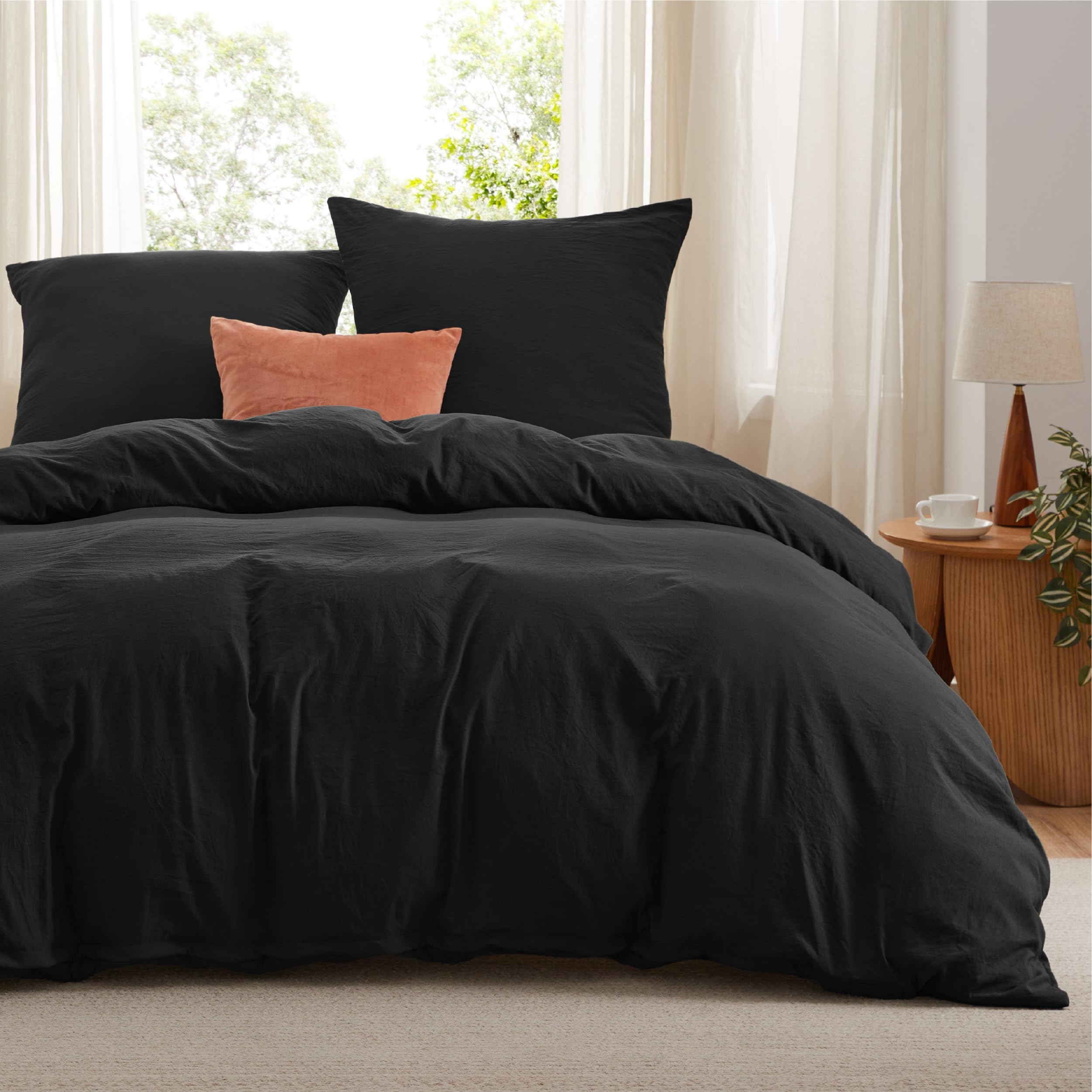 BEDSURE Bettwäsche 200x200 3teilig Bettbezug - Weiche Baumwollähnlich Bettwäsche-Set 200 x 200 cm und 2 Kissenbezüge 80x80 cm, ÖKO-TEX Deckenbezug Bedding Schwarz mit Reißverschluss
