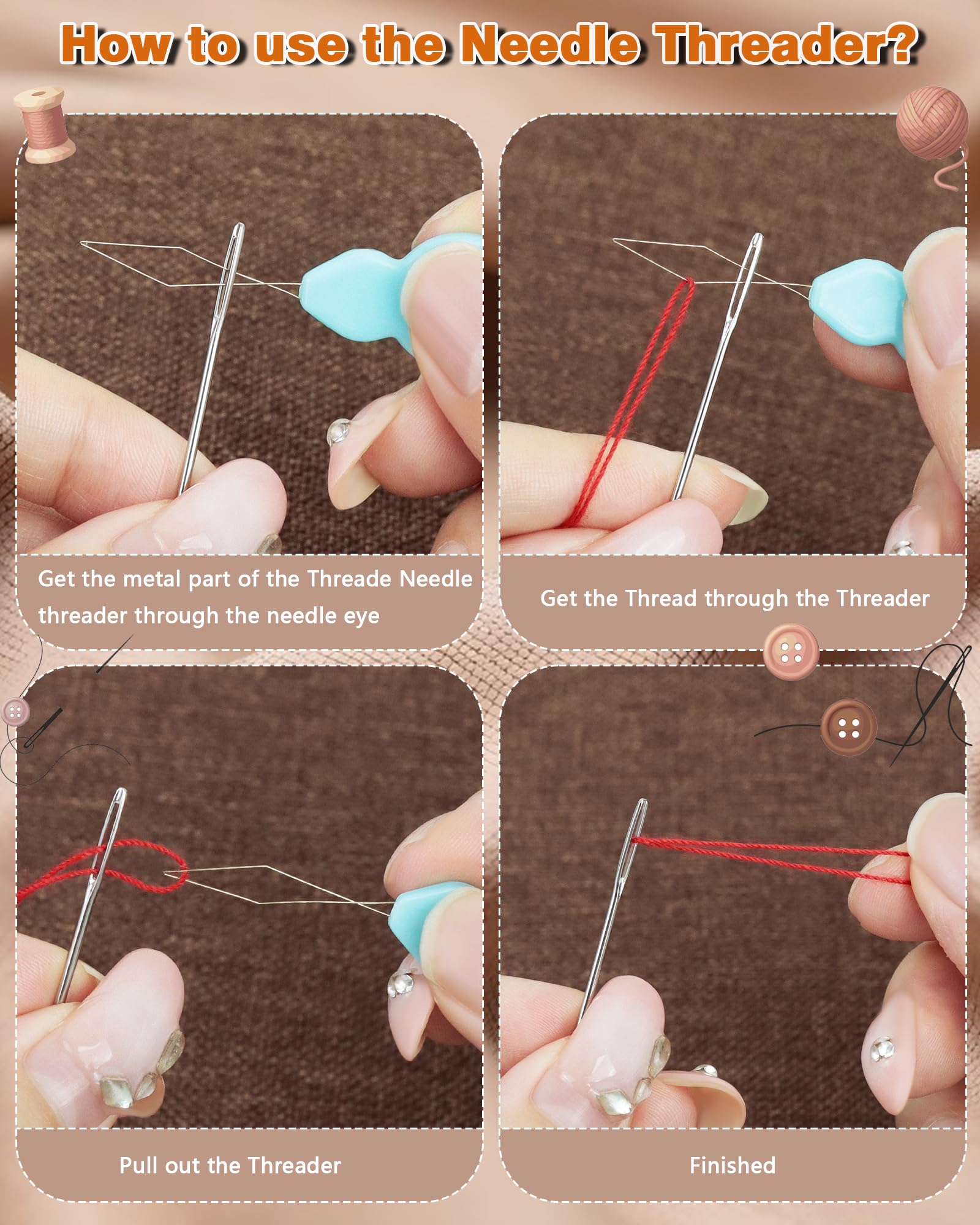 80 agujas de coser de ojos grandes, dos agujas afiladas FIVEIZERO de 7 tamaños, aguja de cuero para bordar, agujas de tejer de hilo de acero inoxidable con enhebradores para coser a mano y