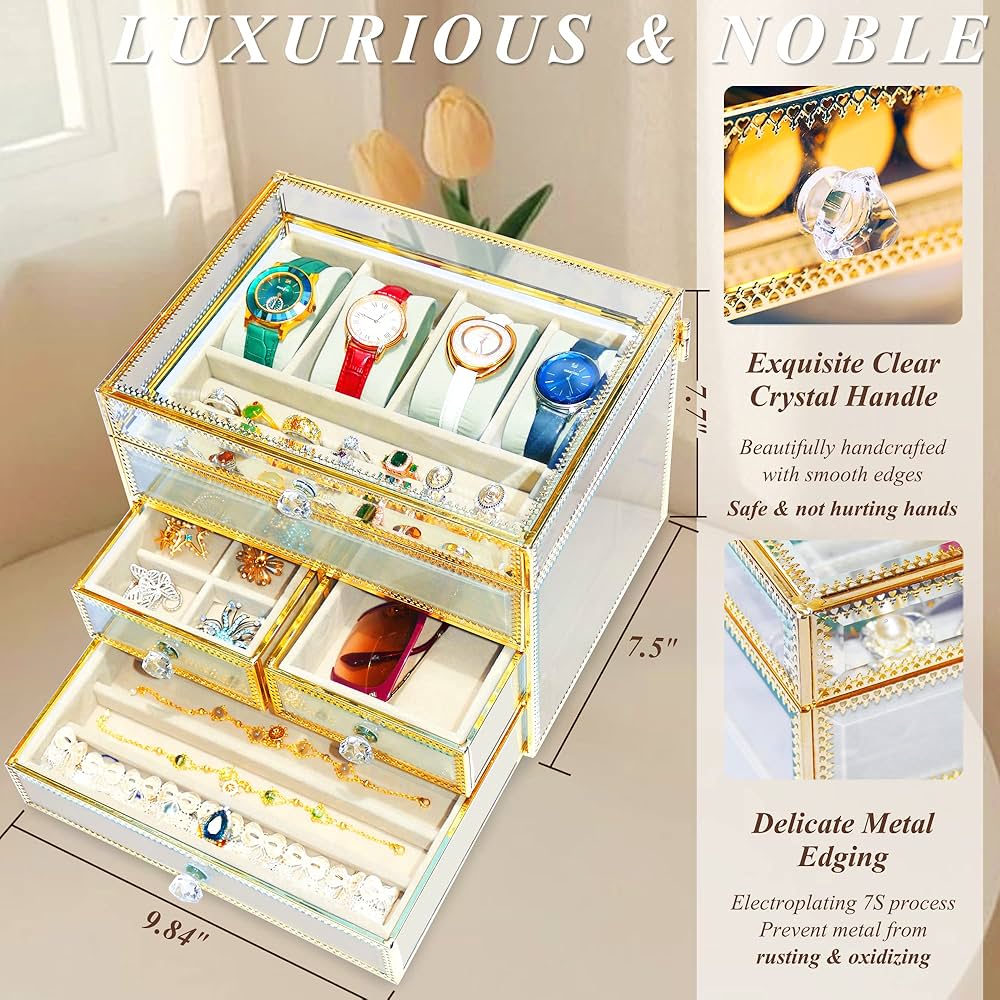Youdepot ジュエリーボックス 時計ボックス 時計収納ケース ジュエリー収納 高級強化ガラスディスプレイストレージ グレーベルベット引き出し4個付き イヤリング リング ウォッチ ネックレス ブレスレット ディスプレイケース ギフト