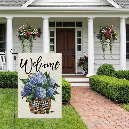 Miniatura 4 de CROWNED BEAUTY Bandera de jardín de hortensias para primavera y verano, de doble cara, 12 x 18 pulgadas, para decoración de patio floral de