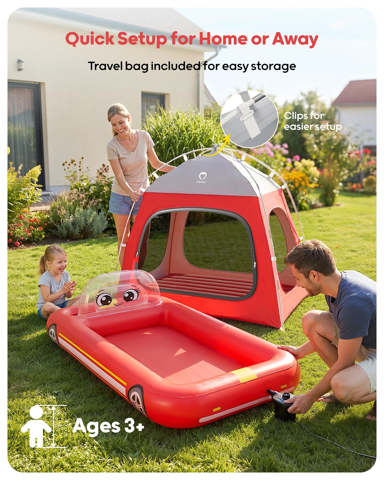 QPAU Inflatable Toddler Travel Bed with Tent Truck Red
