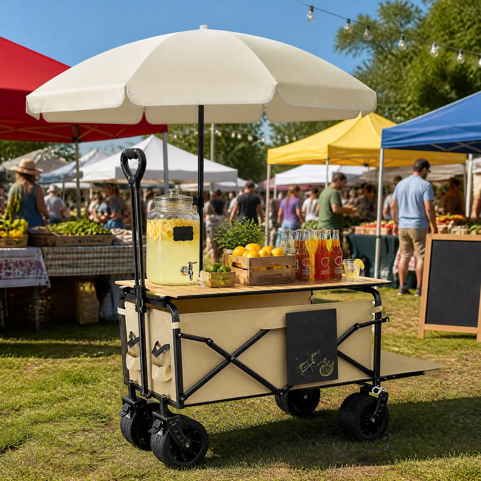 TRAGLO Foldable Outdoor Vendor Cart with Sun Umbrella, Mobile Street Food Display Stand with Wheels, Portable Utility Wagon for Markets Camping(Khaki)