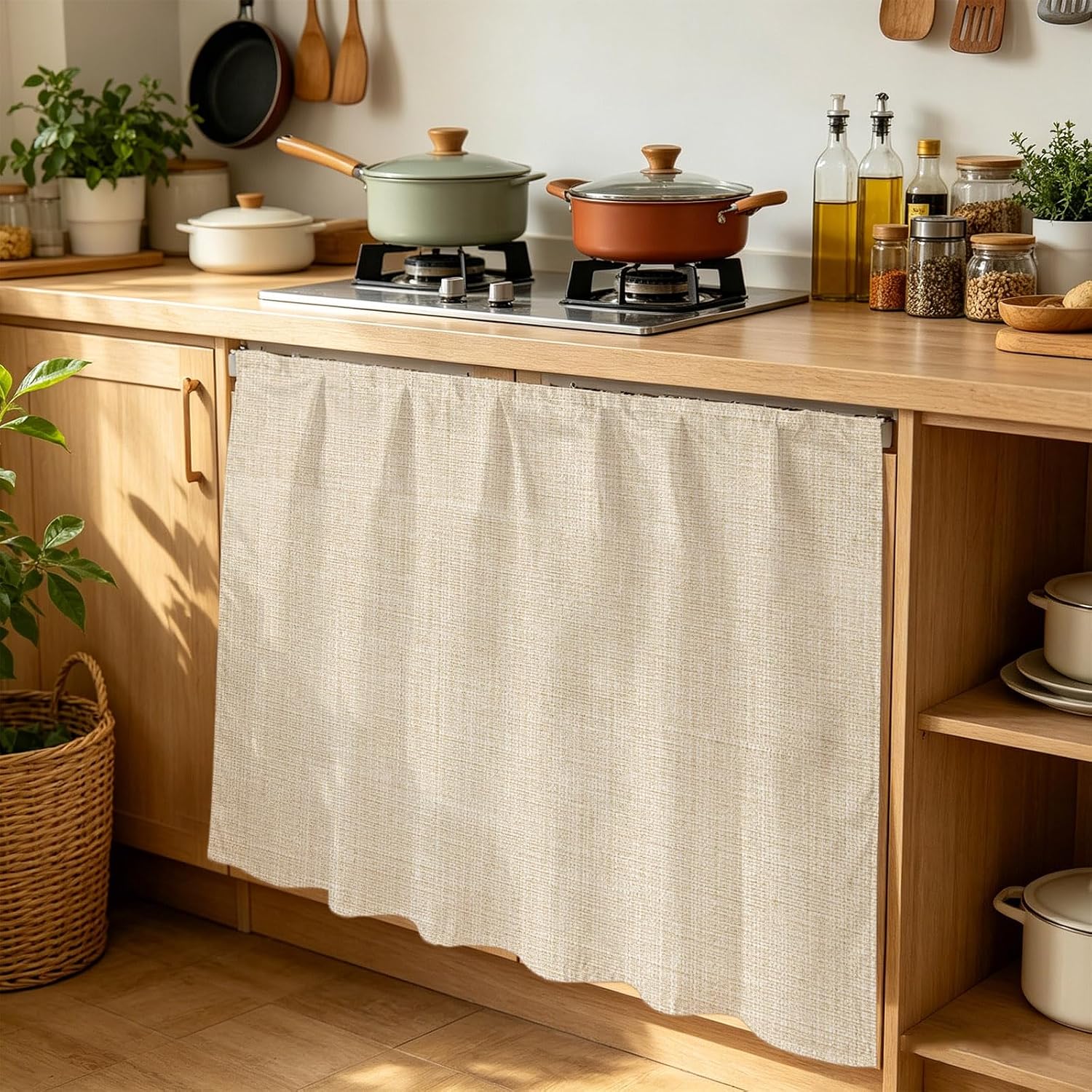 Beige Linen Texture Cabinet Curtains Solid Color 35" W x 35" L Utility Sink Skirt with Adhesive Under Sink Curtain for Laundry Room Sinks