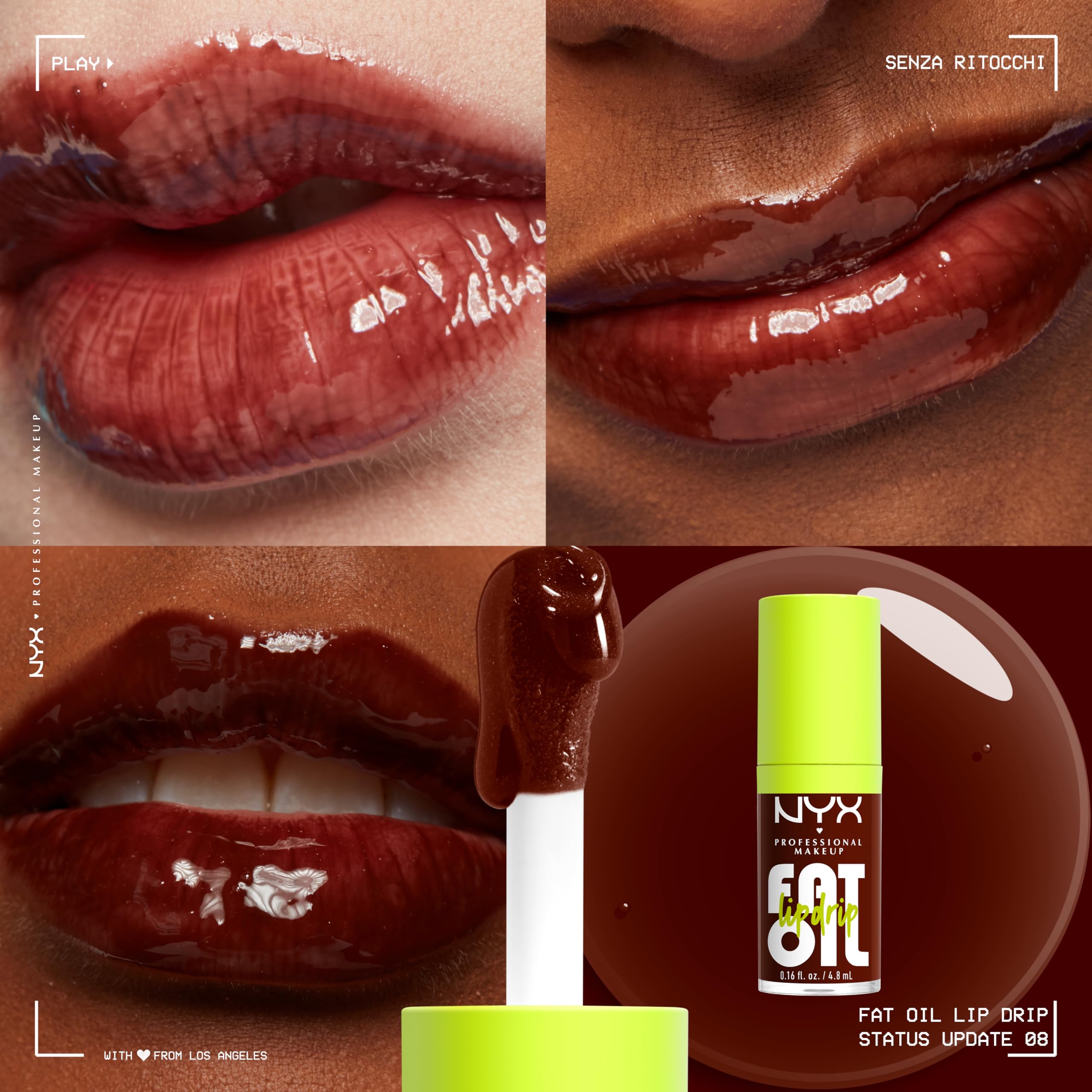 NYX Professional Makeup Set di Gloss Labbra, Finish Extra Brillante, Fino a 12H di Idratazione, Con Maxi Applicatore, Arricchito con Oli di Squalano, Lampone e Camemoro, Fat Oil Lip Drip, 4 Tonalità