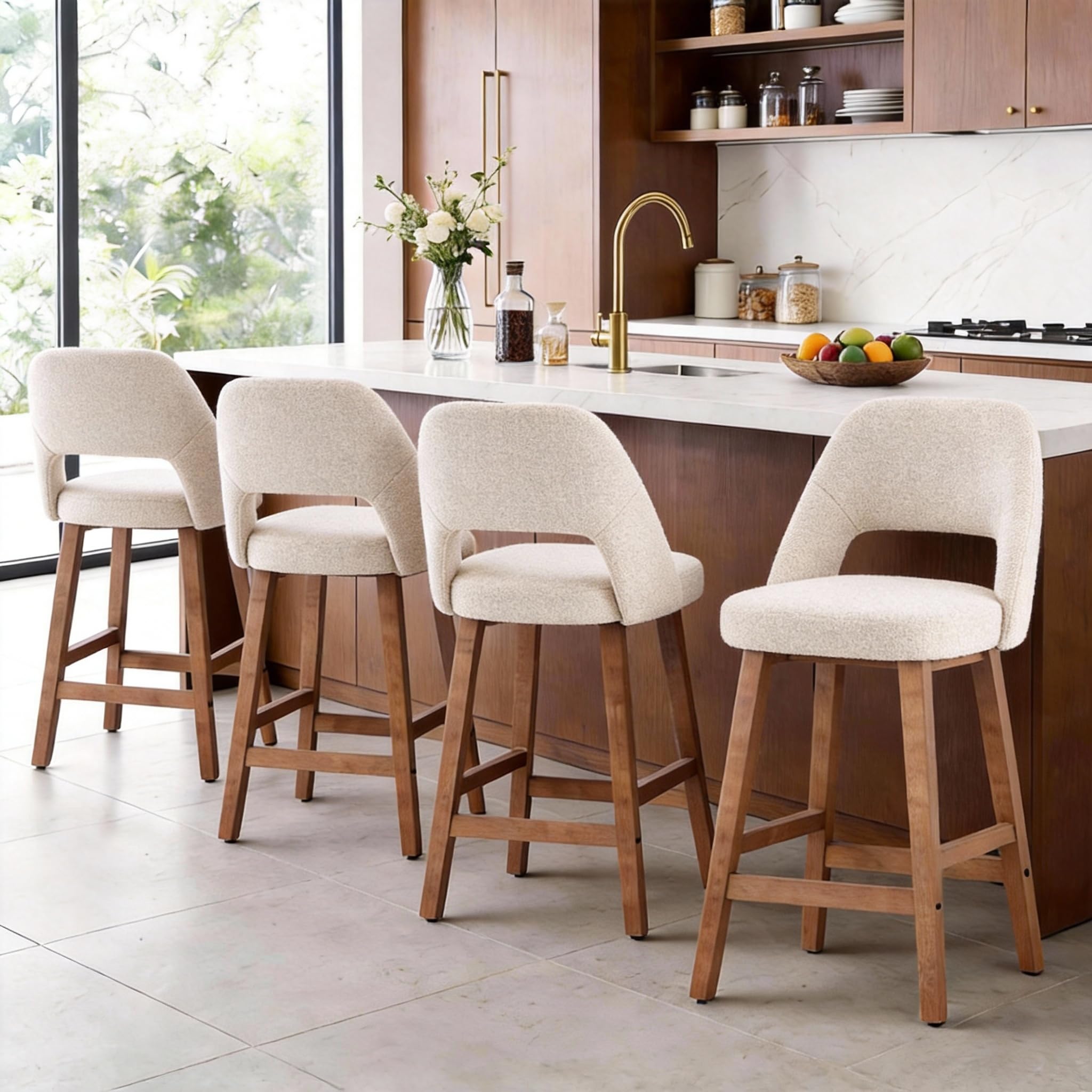 Rowill Counter Height Bar Stools, 26 Inch Bar Stools Set of 4 with Back, Upholstered Barstools with Footrest, Wood Legs, Fabric in Oatmeal