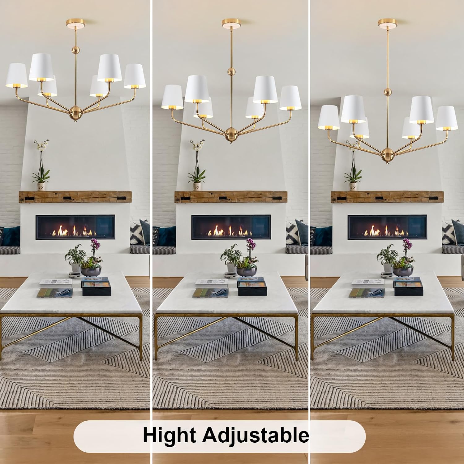 33" Modern Brushed Gold Chandelier, 6-Lights Dining Room Light Fixture with White Metal Shade, Farmhouse Brass Pendant Light Hanging Lamp for Kitchen Living Room Bedroom Entryway Foye