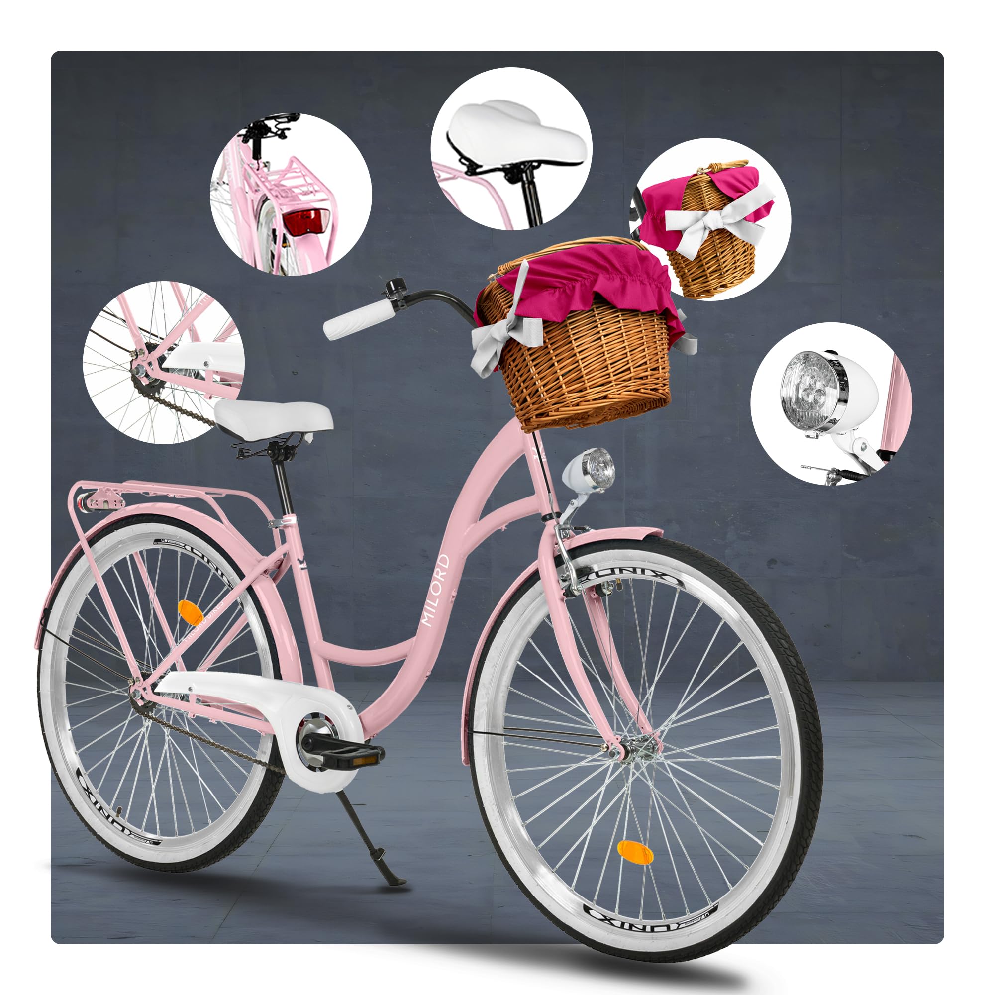 Bicicleta Urbana Rosa MILORD de 1 Velocidad y 26 Pulgadas con Cesta y Soporte Trasero, Bicicleta Holandesa, Bicicleta para Mujer, Retro, Vintage