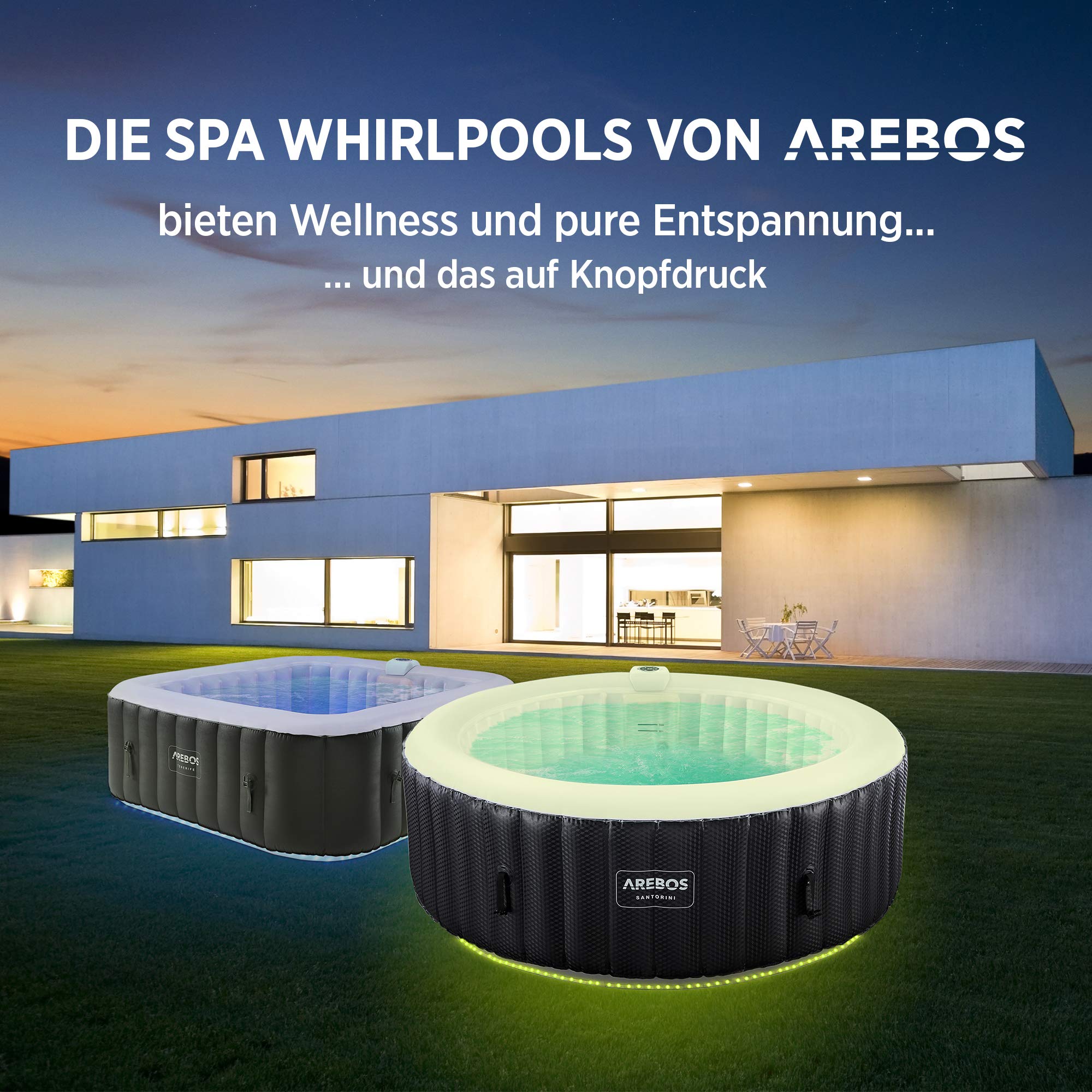 Arebos Whirlpool | automatisch aufblasbar | In & Outdoor | 6 Personen | ⌀ 208 cm | LED Leuchtband | 130 Massagedüsen | 1000 Liter | Inkl. Abdeckung | Bubble Spa & Wellness Massage