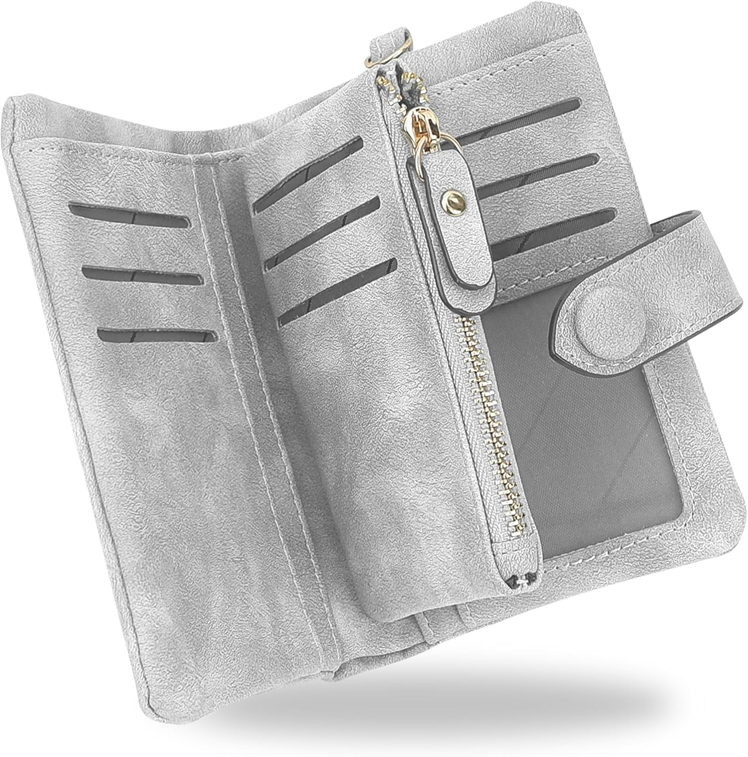 SNCCJ RFID Wallets for Women, Large Capacity Faux Suede Leather Small Womens Wallet with Wristlet (Grey)