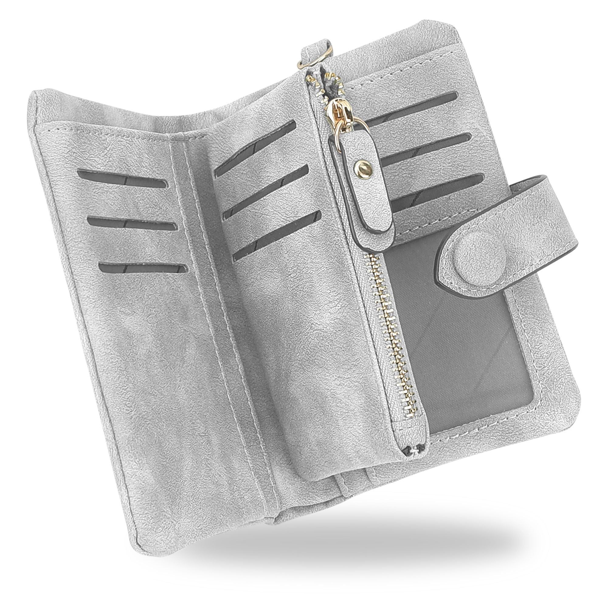 SNCCJ RFID Wallets for Women, Large Capacity Faux Suede Leather Small Womens Wallet with Wristlet (Grey)