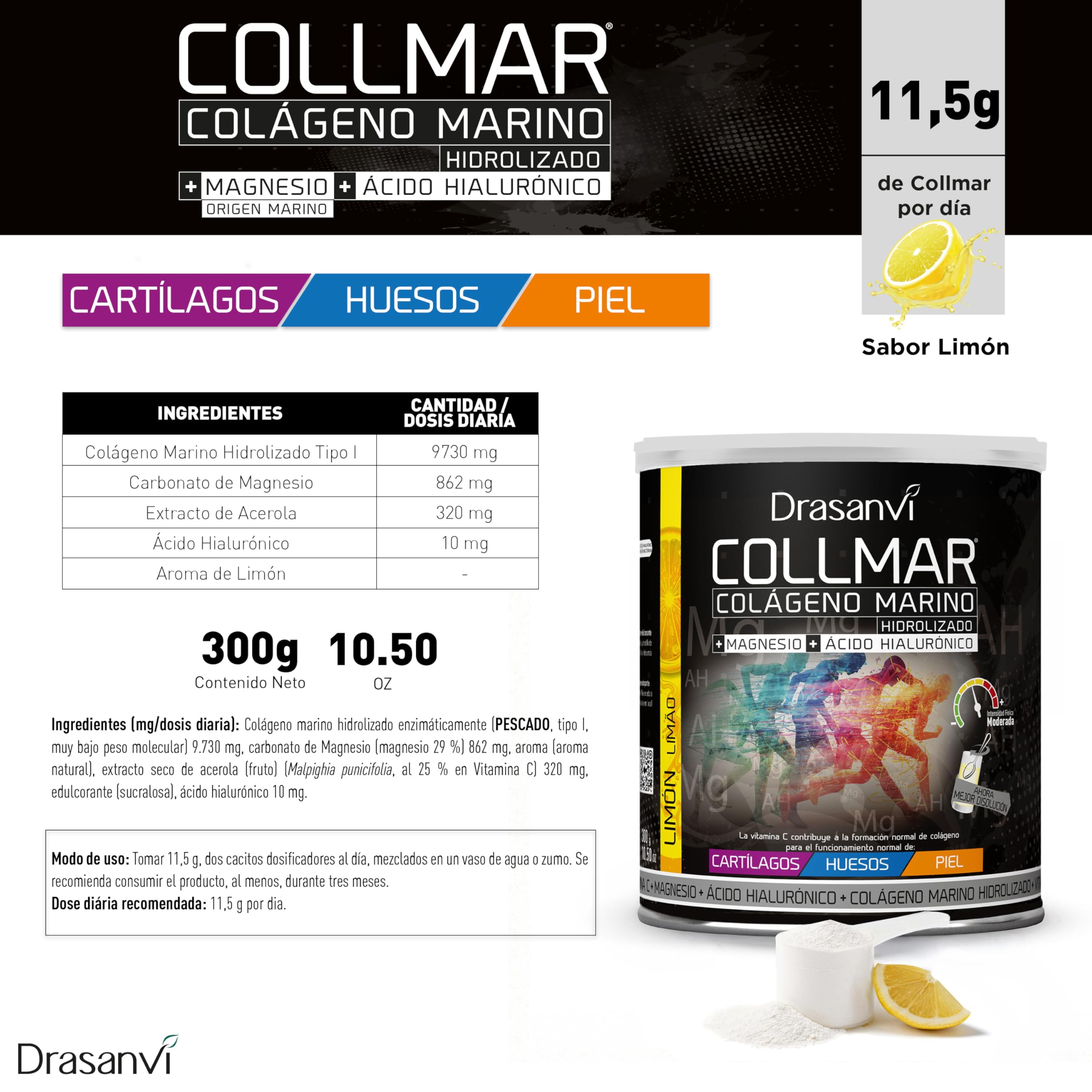 Colageno Drasanvi Collmar Hidrolizado Marino Con Acido Hialuronico Magnesio | Cuida Cartilagos, Huesos Y Piel, Con Vitamina C Natural - Colageno Marino Hidrolizado En Polvo Sabor Limon, Pack 3x300 G