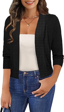 GoMamee Women's 3/4 Sleeve Cropped Cardigan Sweaters Open Front Bolero Short Shrugs S-XL