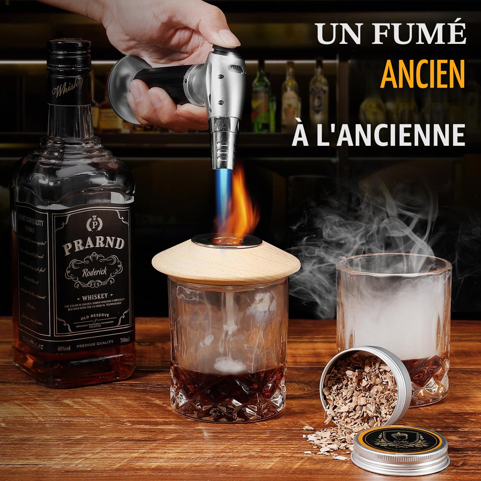 Kit fumoir à whisky avec torche, 2 verres, 6 saveurs de copeaux de bois, 2 moules, infuseur traditionnel, cadeau père, mari