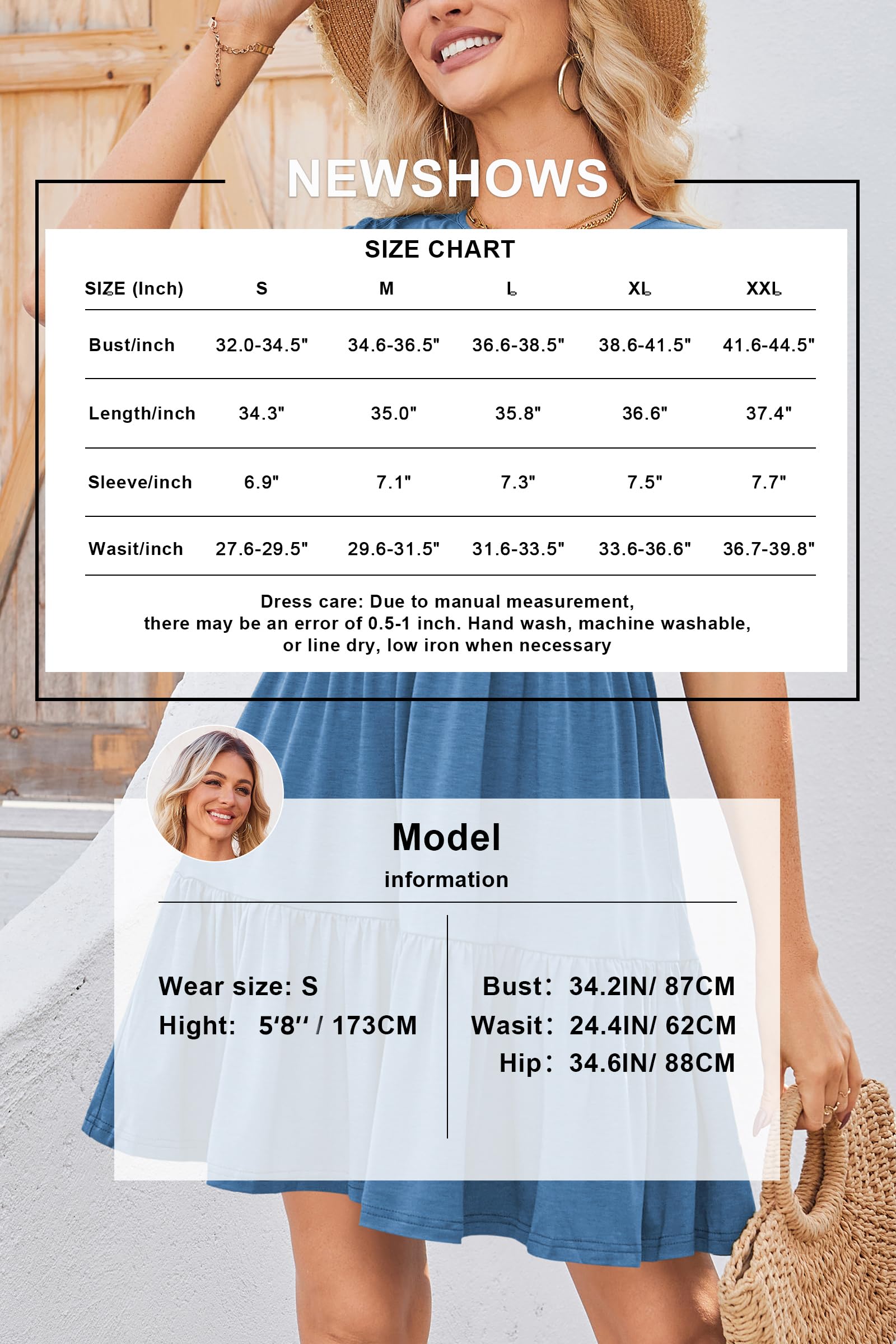 Newshows Vestito Estivo da Donna, a Maniche Corte, Girocollo, Casual, da Spiaggia, con Balze a Balze, a Trapezio e Tasche