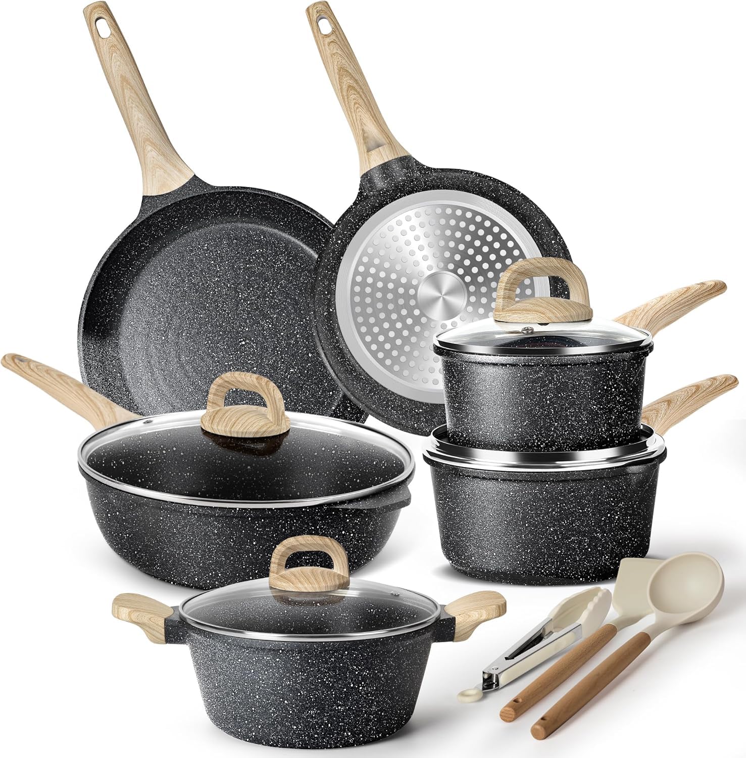 Terlulu Topfset Induktion - Pfannenset mit deckel - Induktions Töpfe Set, 13-teiliges Schwarze Granit Kochtöpfe Set, Antihaft Töpfe und Pfannen Set ohne PFOA & PFOS Free