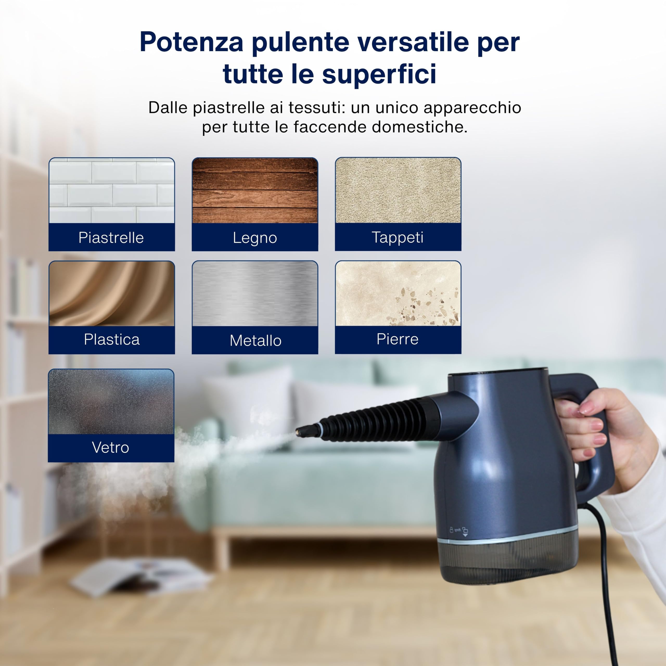 Samako AirSteam S1 Pulitore a vapore portatile 1350W – Pulizia rapida e mirata per cucina, bagno, vetri e tessuti, con 7 accessori, touchscreen e sicurezza bambini