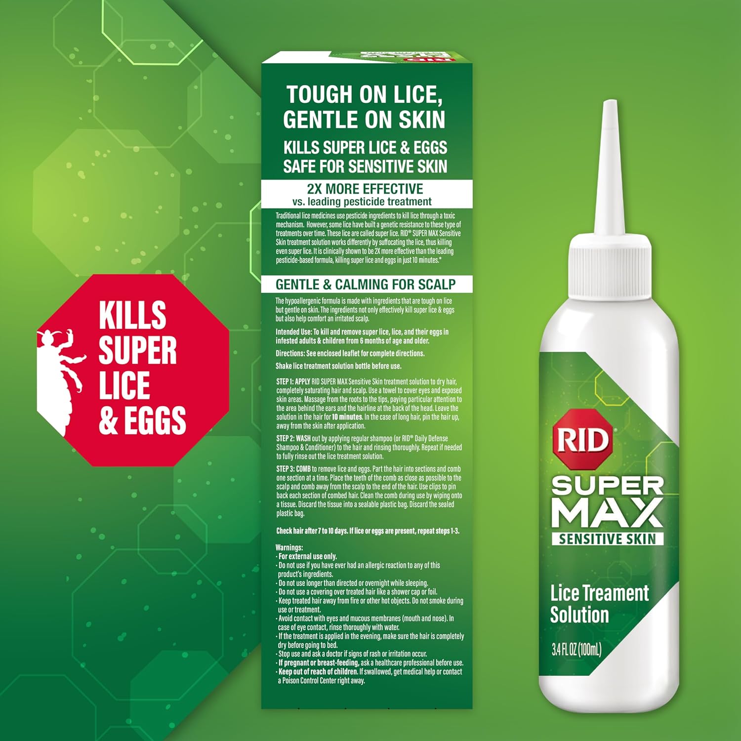 RID SUPER MAX Sensitive Skin Lice Treatment Kit + RID Daily Defense Lice Shampoo & Conditioner