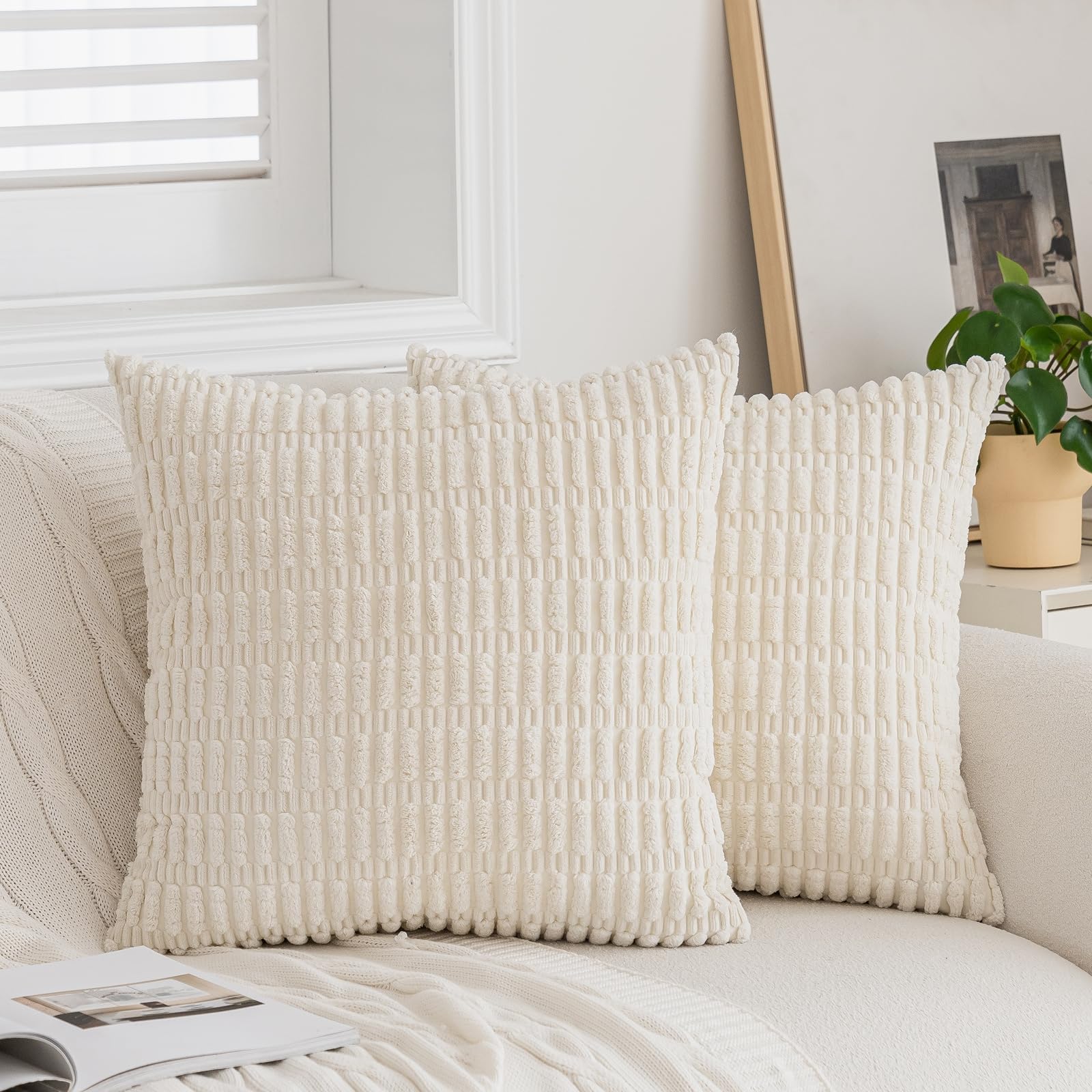 FEVERQIYI Pack of 2 Cream White Corduroy Decorative Throw Pillow Covers for Couch Living Room 16x16 Inch Boho Home Decor Square Cushion Covers Soft Striped Farmhouse Corduroy Pillowcases