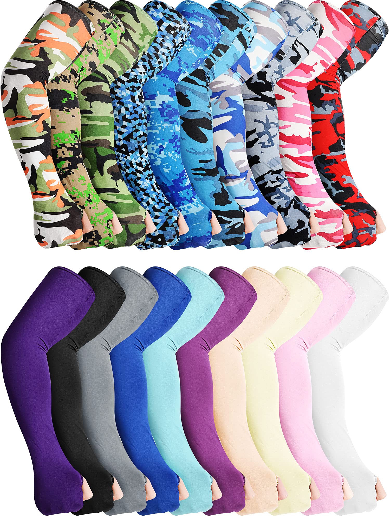 Geyoga 20 Paar Sonnenschutzmanschetten für Arme, kühlende Arm-Kompressionsmanschetten, weiche Eisseide, Unisex, fingerlose Handschuhe für Männer und Frauen, Sport, Outdoor, Gartenarbeit, Laufen