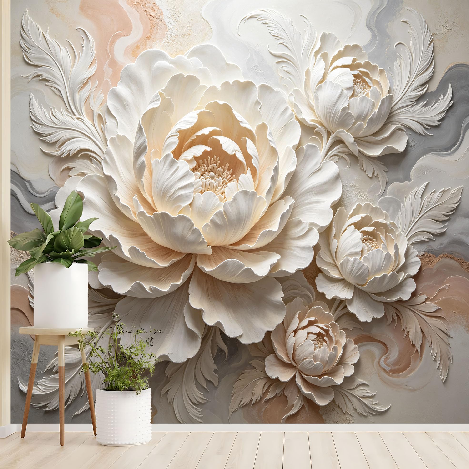 Rzeźba 3D, kwiaty, obraz ścienny, piwonie, tapeta z włókniny, nowoczesna, klasyczna roślina, duże kwiaty, ozdoba ścienna 200 x 140 cm, kremowa, beżowa, akcentująca dekoracja ścienna do salonu