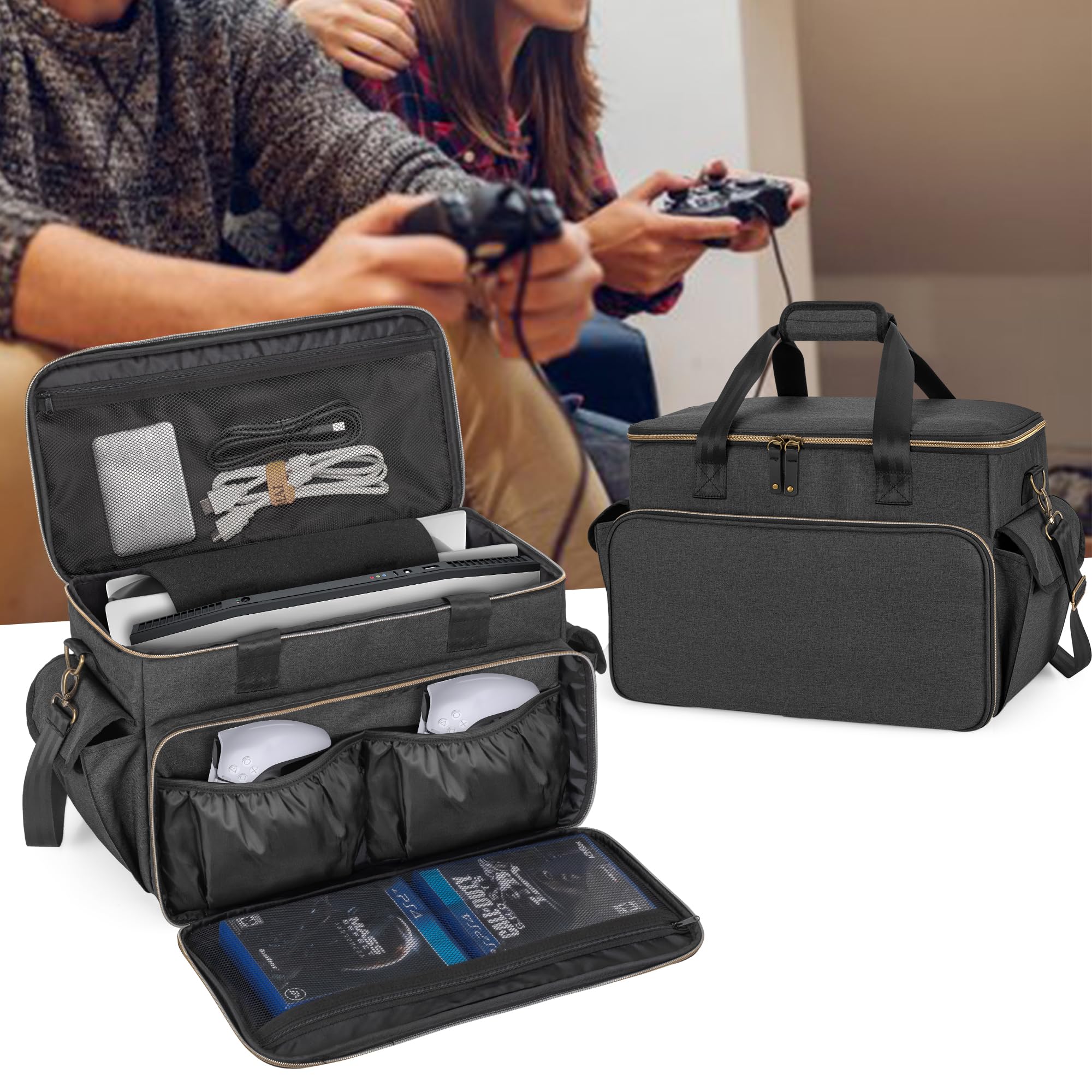 Trunab Torba Podróżna na Konsolę do Gier Kompatybilna z PS5/PS4/Xbox One, Torba na Ramię na Playstation 4/5, Futerał z Wieloma Kieszeniami na Laptopa 15,6” i Akcesoria do Gier