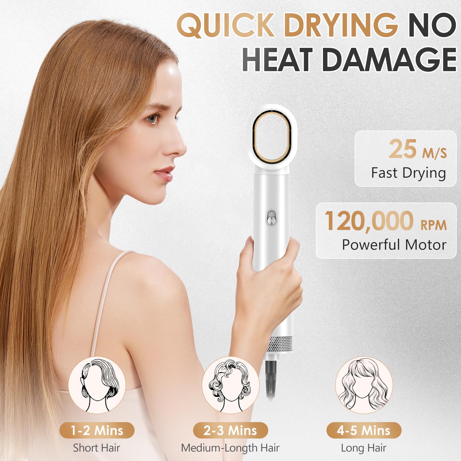 Cepillo de Aire Caliente, Air Styler 5 en 1, Cepillo Alisador Pelo, Cepillo Secador de Pelo, 5 Cabezales Intercambiables, 3 Temperaturas, Peinados Rápidos, para Seca Alisa (Oro blanco)
