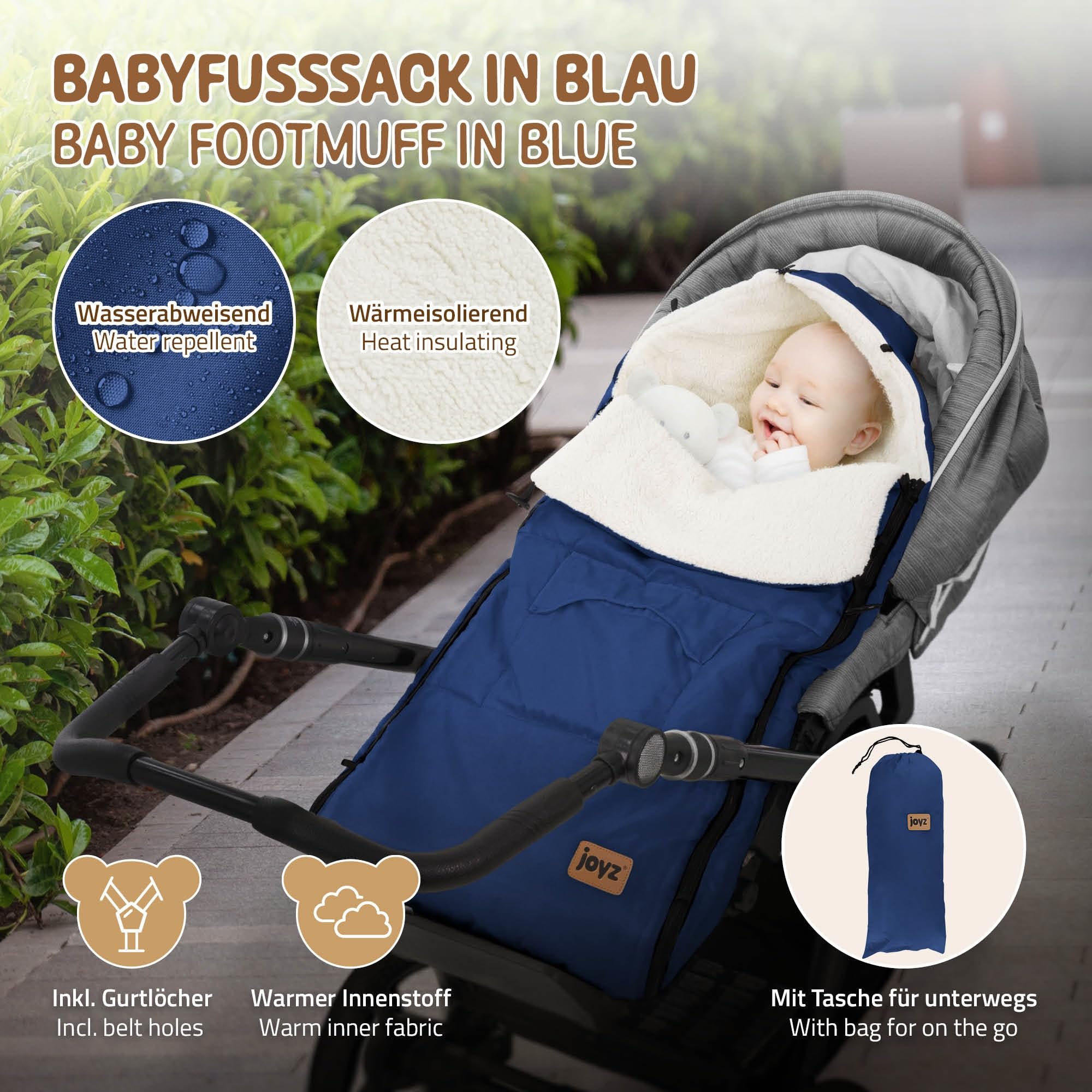 Joyz Chancelière pour Bébé, Polyester, Bleu, Sac de Couchage Universelle, Fermeture Éclair, Résistante aux Intempéries, Picots Antidérapants, Couverture Douillette d'Hiver, Poussette ou Siège Auto