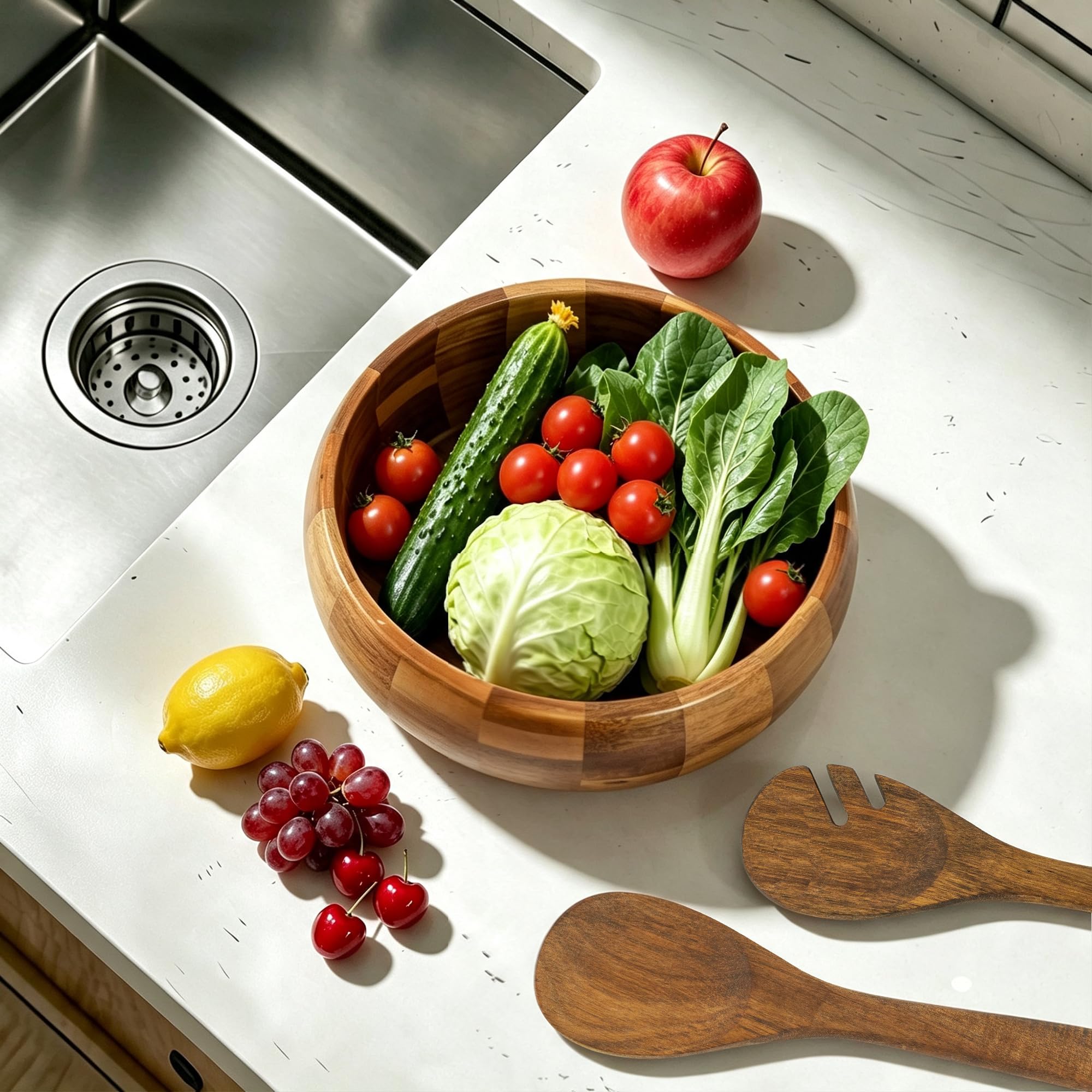 VaeFae Saladier en Bois d'Acacia avec Couverts à Salade | Saladier en Bois de 25,5 cm avec Cuillère et Fourchette Ajourée de 28 cm pour Mélanger et Servir