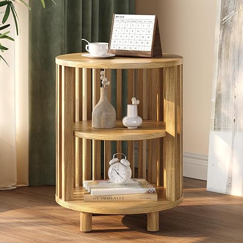 Miniatura 8 de Mesa auxiliar redonda, mesita de noche de madera, mesita de noche moderna de mediados de siglo con estante de almacenamiento abierto, mesas