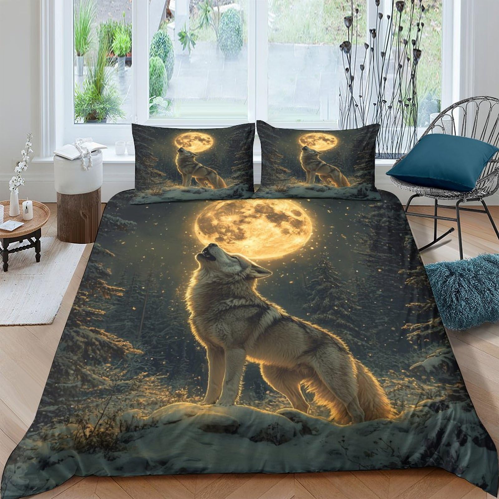 Ctjqhvkz Style-7 3D Printed Wolf Moon Fitted Sheet Microfiber Dark Forest Bed Sheet Non Slip Machine Washable Bedroom Decor Single（135X200cm）
