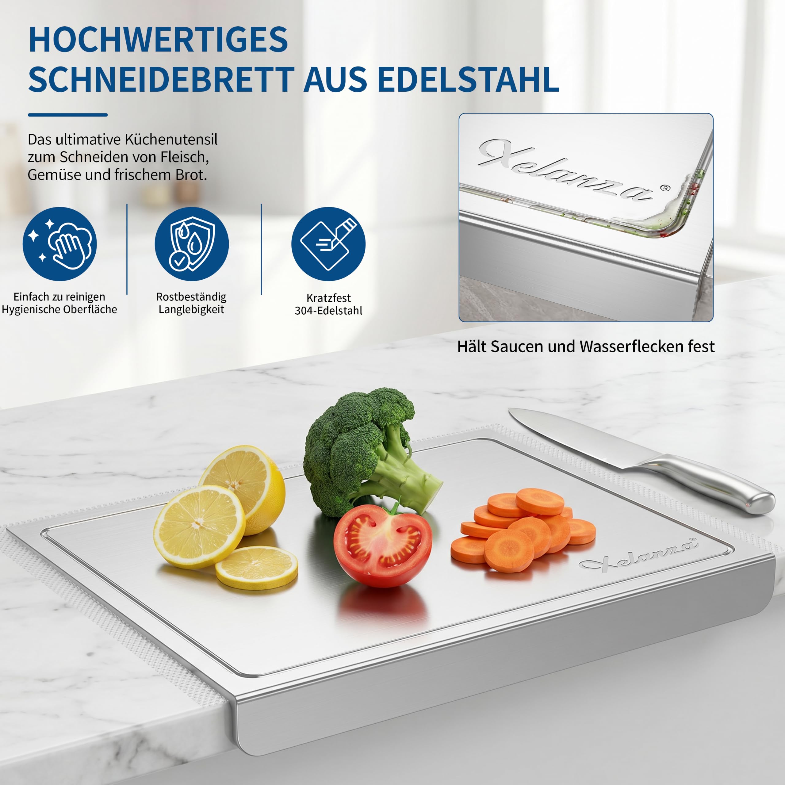 2026 Neue Edelstahl-Schneidebretter für die Küche, Schneidebretter mit Saftrille, Metall-Knetbrett mit Anschlagkante zum Backen, Schneidebrett für die Arbeitsplatte zur Zubereitung (50X50CM)