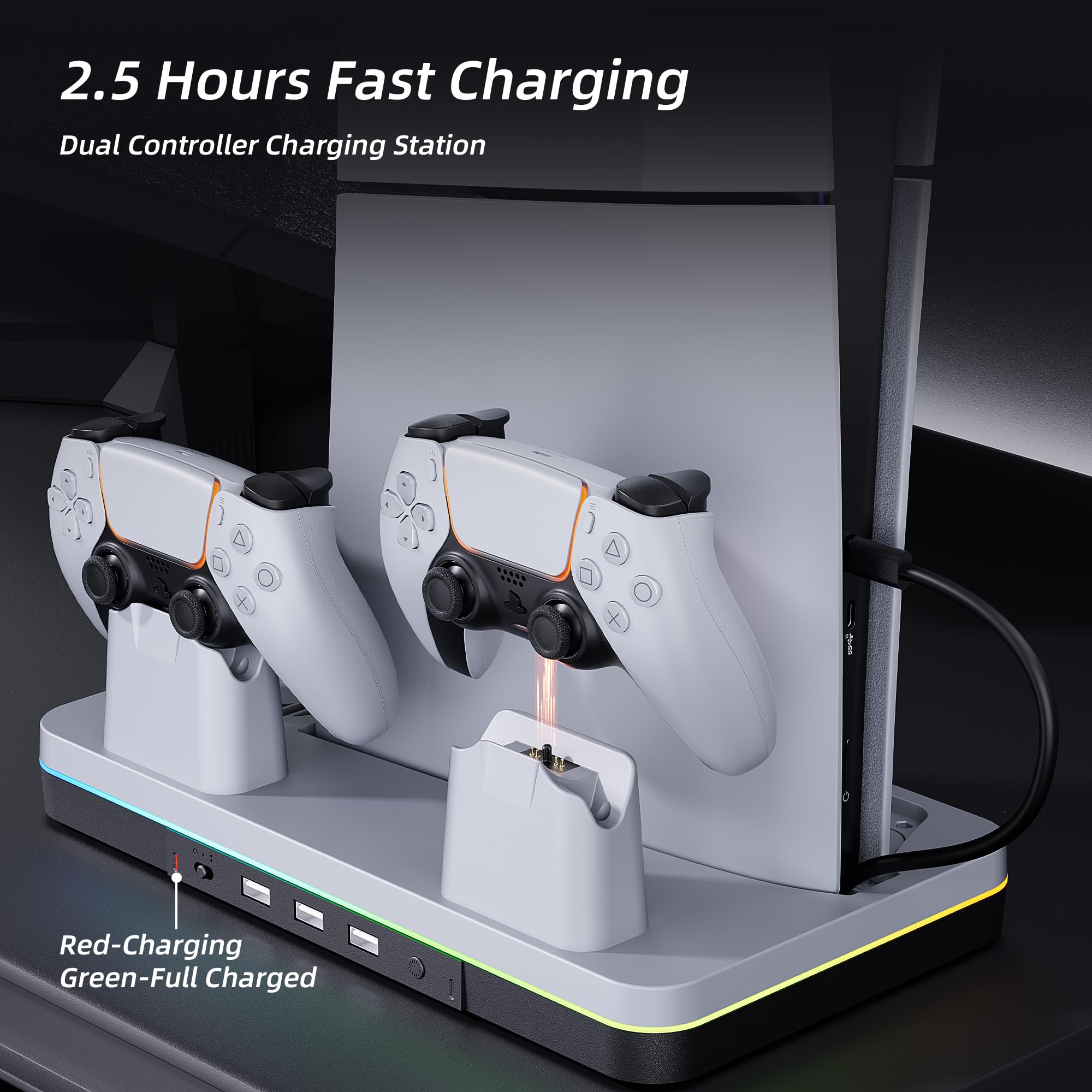 Mytrix Fast Charging Stand RGB Cooling Fan for PS5 Slim Console (Disc & Digital), with Controller Charging Station, Controller Charger, 3 Speeds Cooling Fan, Headset Holder, RGB Lights & 3 USB Ports