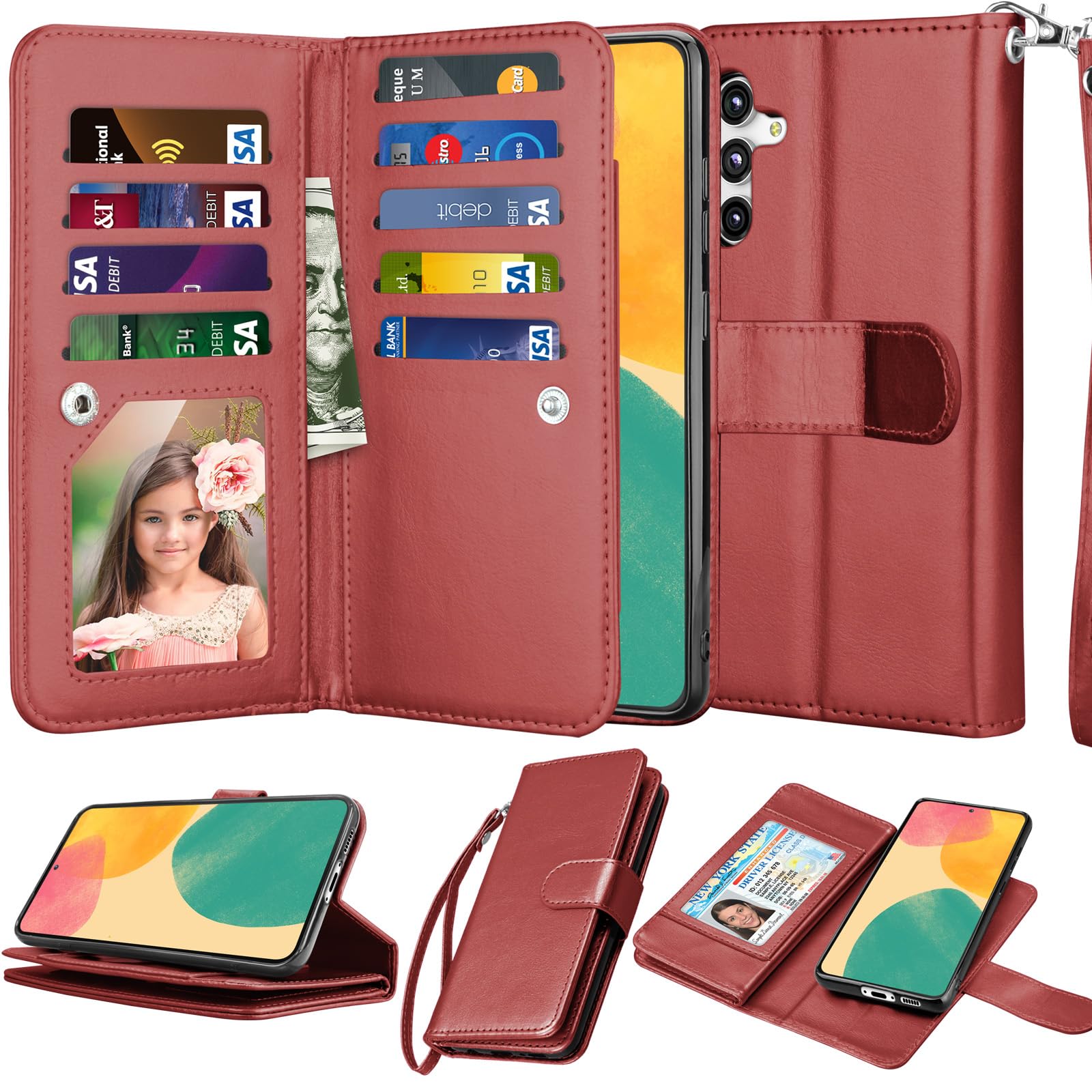 NJJEX Wallet Case for Samsung Galaxy S23 FE 5G, for Samsung S23 FE 5G Case, [9 Card Slots] PU Leather ID Credit Card Holder Folio Flip [Detachable] Kickstand Magnetic Phone Cover & Lanyard [Wine Red]