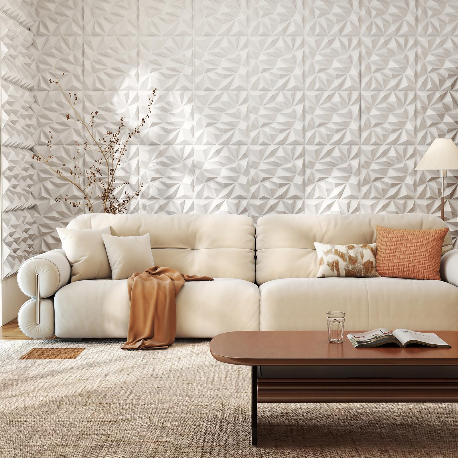 COSTWAY 40 Pezzi 3D Pannelli Murali 50 x 50 cm, Pannello da Parete 3D Diamante, Decorazione Interna da Parete in PVC, 10 m², per Soggiorno Camera da Letto (10㎡,Bianco)