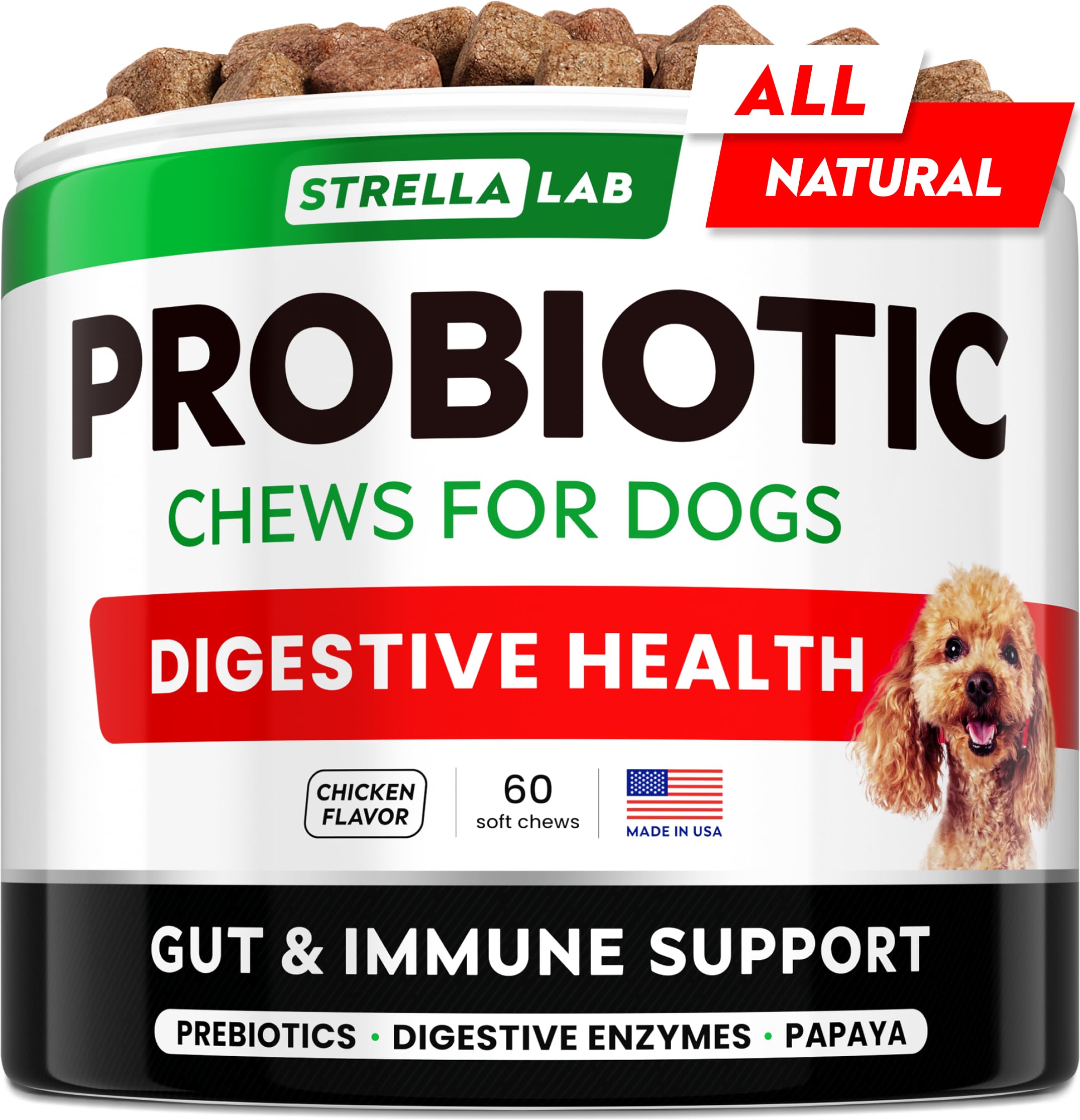 STRELLALAB Dog Probiotics for Digestive Health & Enzymes - Diarrhea, Gas, Upset Stomach Relief & Season Allergy - Pet Probiotics for Dogs- Chews for Digestion - Gut Health for Dogs (60Ct)