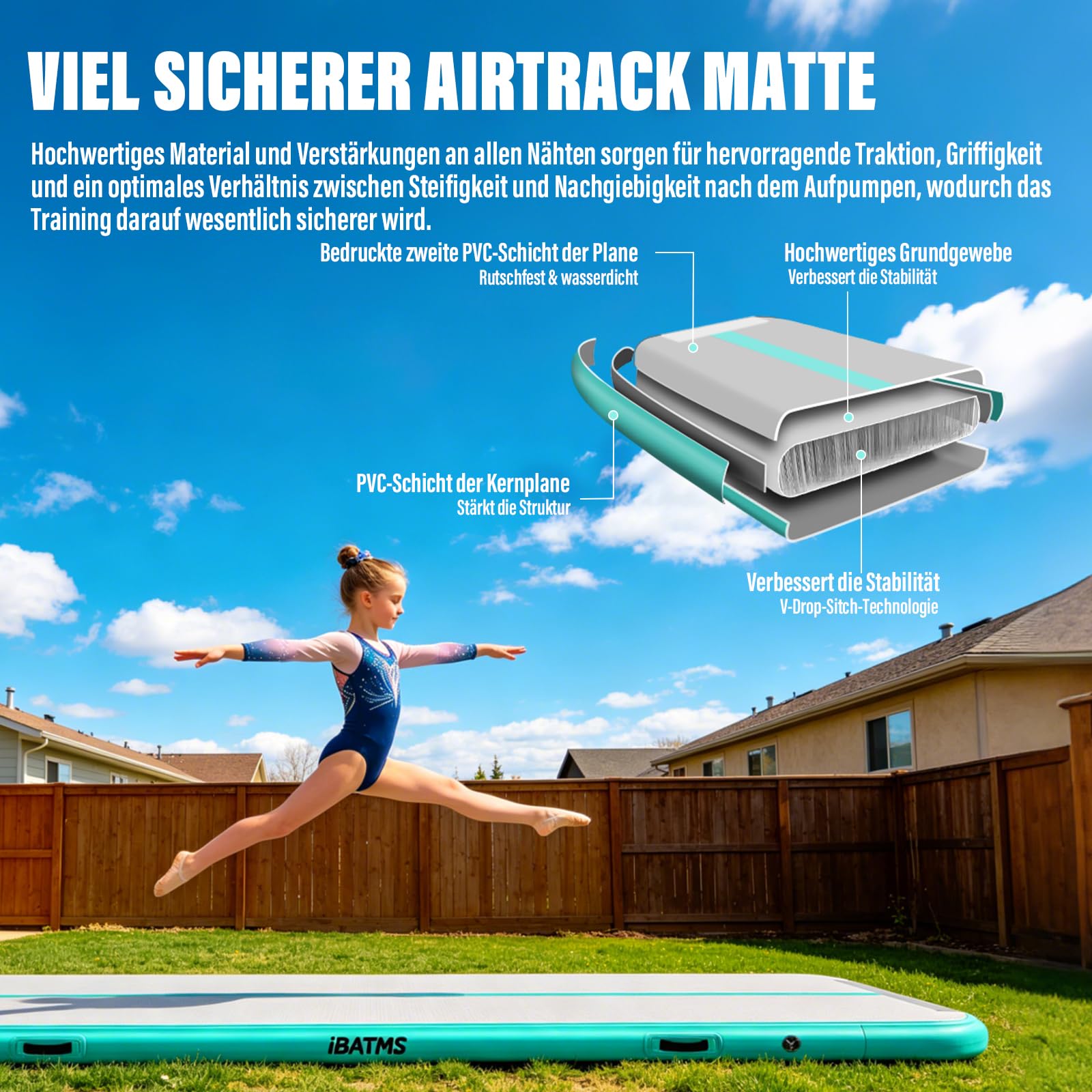 IBATMS Air Matte Track 3M 4M 5M 6M, Aufblasbare Turnmatte & Gymnastikmatte für Kinder, Tumbling Matte mit elektrischer Luftpumpe für Zuhause, Outdoor, Garten, Gymnastik & Training