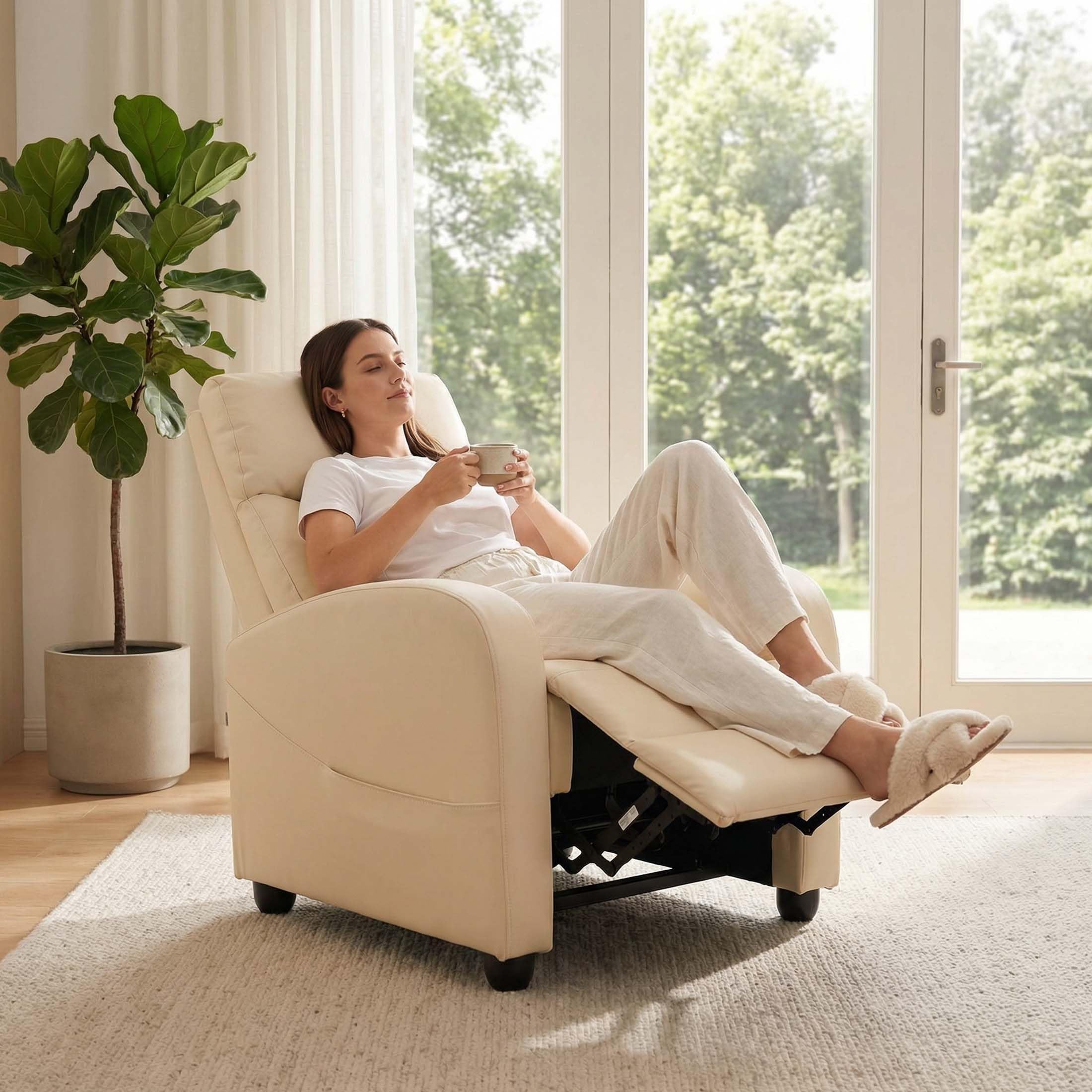 sweetcrispy recliner chair fabric recliner sofa no massage, home theater seating with lumbar support, adjustable push back overstuffed high-density sponge reclining for living room, beige