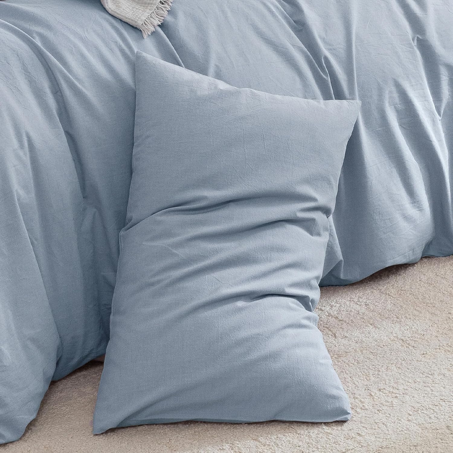 FOSSA 100% Washed Cotton Pillowcases Set of 2 Linen Feel Super Soft Breathable Cozy Pillow Covers with Envelope Closure Solid Cornflower Blue Standard