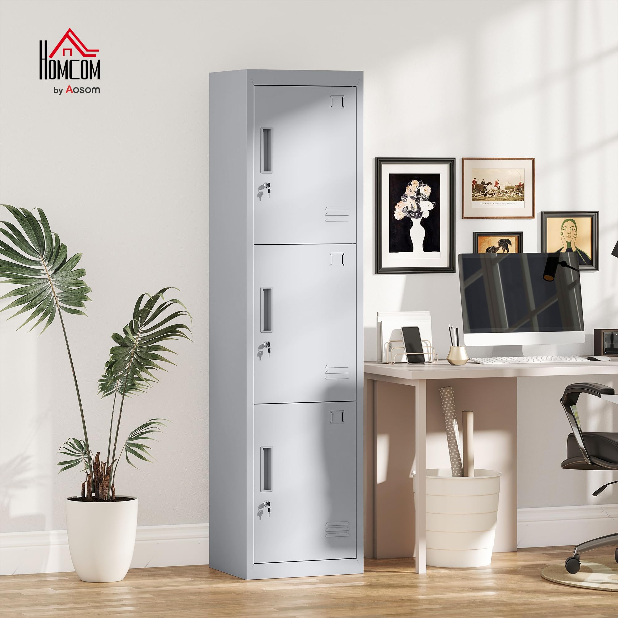 HOMCOM Armadietto per Documenti a 3 Ante e 3 Ripiani in Acciaio, Armadio Ufficio con Serratura Chiavi, Fessure di Ventilazione, Mobiletto Multiuso Portadocumenti, per Casa Ufficio, 45x38x180cm, Grigio