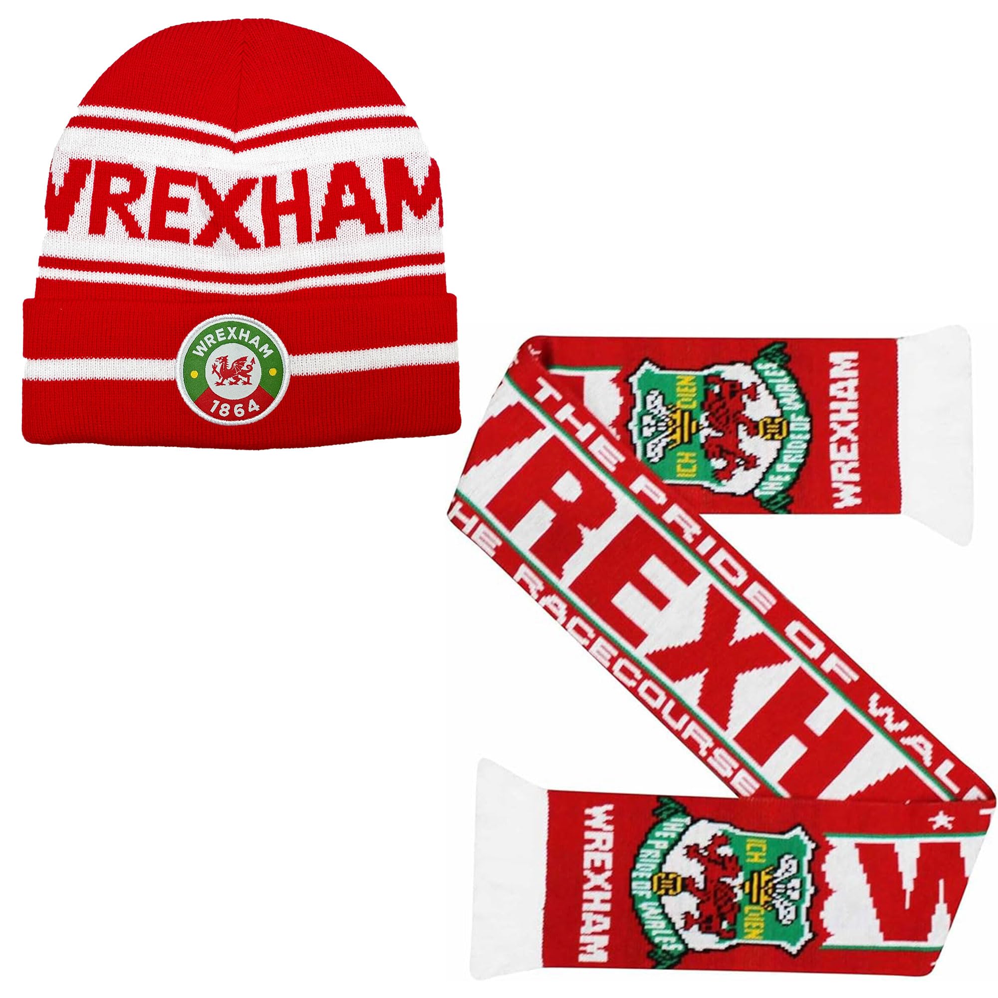 Beyond Happy Wrexham Football Bronx Hat & Scarf Set – Unisex Winter Beanie with Embroidered Club Patch (Hat and Scarf)
