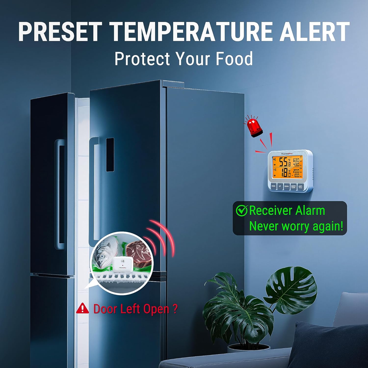 Image depicting the ThermoPro TP210B receiver displaying an alarm icon, with a refrigerator door ajar and a sensor inside, indicating a temperature alert.