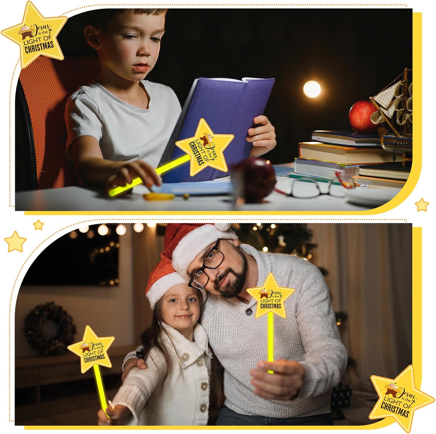 Realspring 24 Set Jesus the Light of Christmas Gifts, Include 24 Pcs 0.4x7.8 in Yellow Glow Sticks, 24 Pcs Jesus Is the Light of Christmas Cards with 2 Washi Tapes for Church Christian Religious Gift